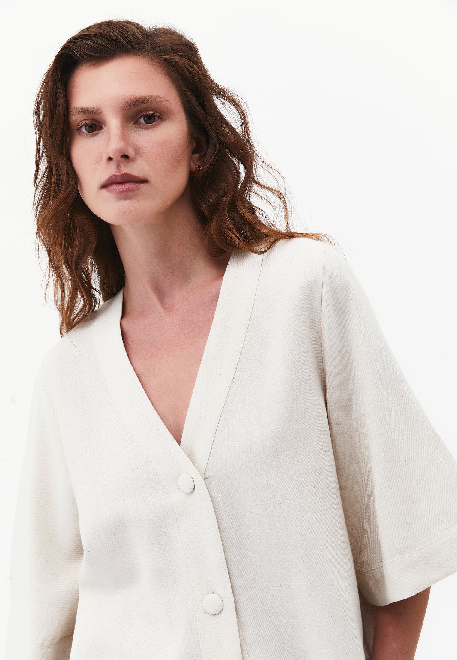 Button Detailed Half Sleeve V Neck Blouse - NATURAL