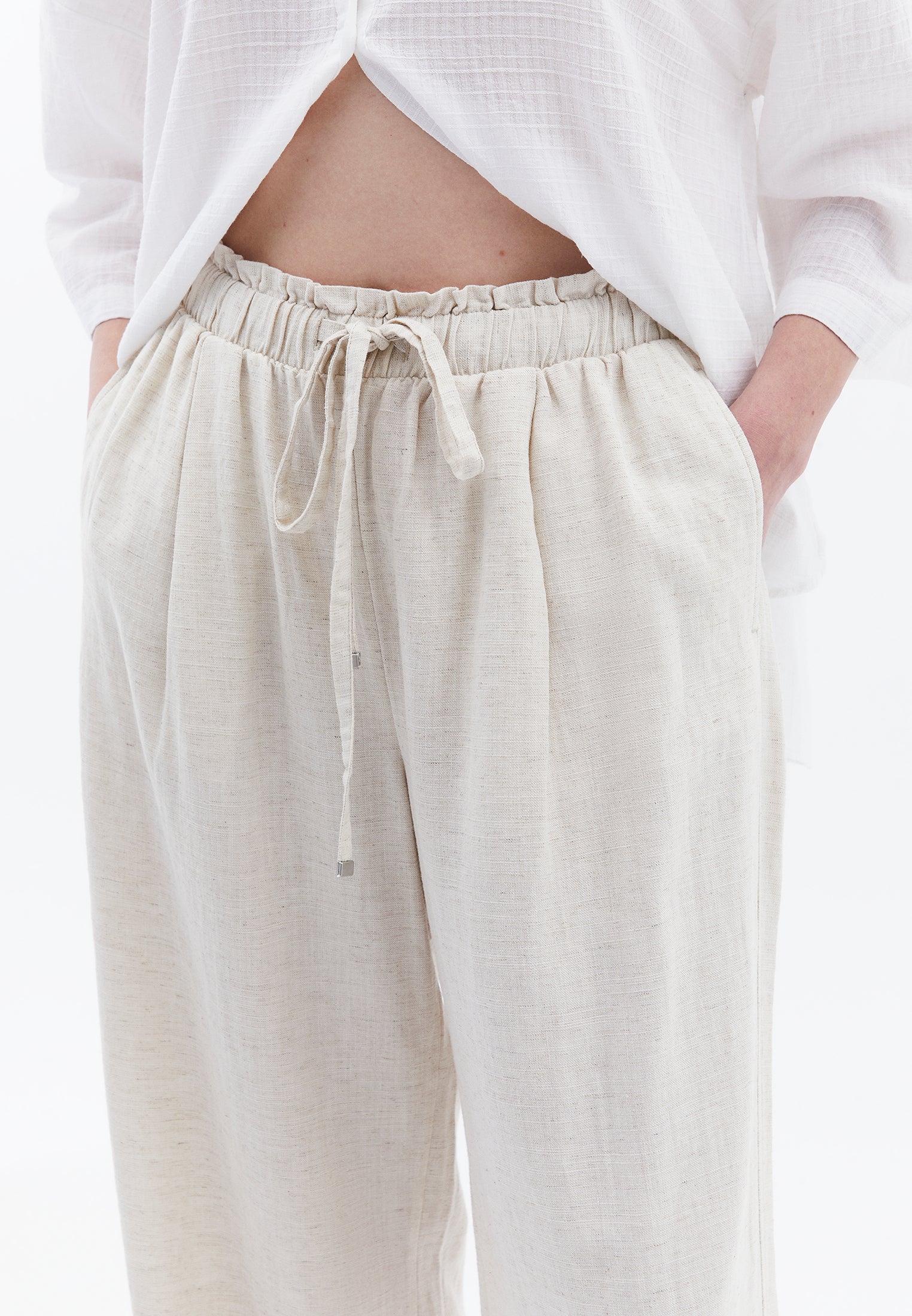 Wide Leg High Waist Pants - NATURAL