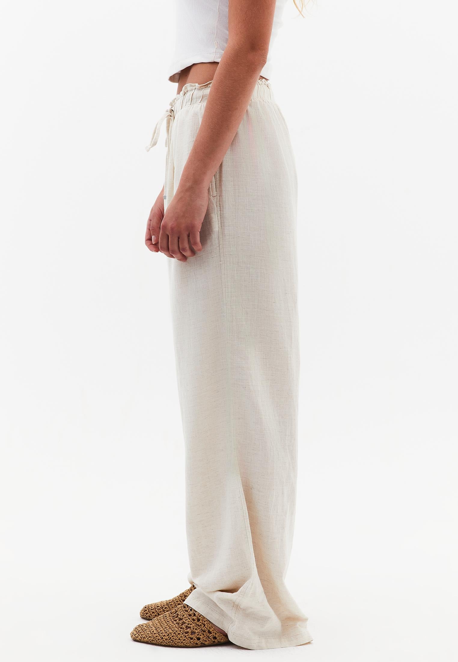 High Waist Wide Leg Linen Pants - NATURAL