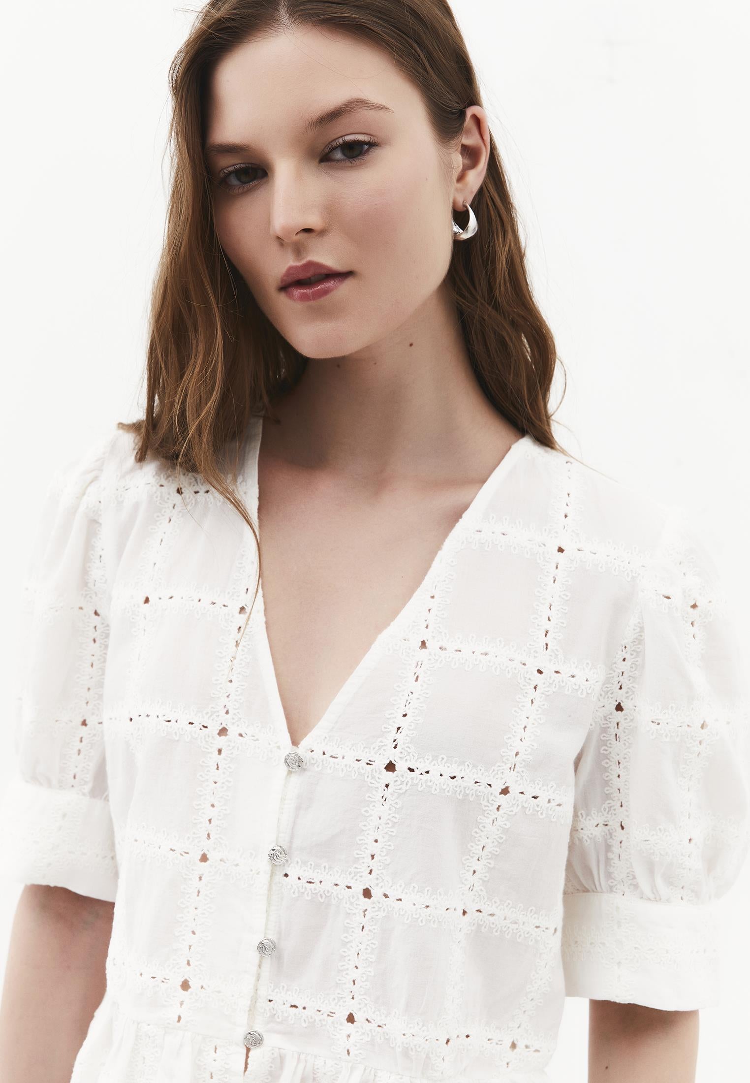 Sleeveless V-Neck Blouse with Embroidery and Ruffle Details - NATURAL
