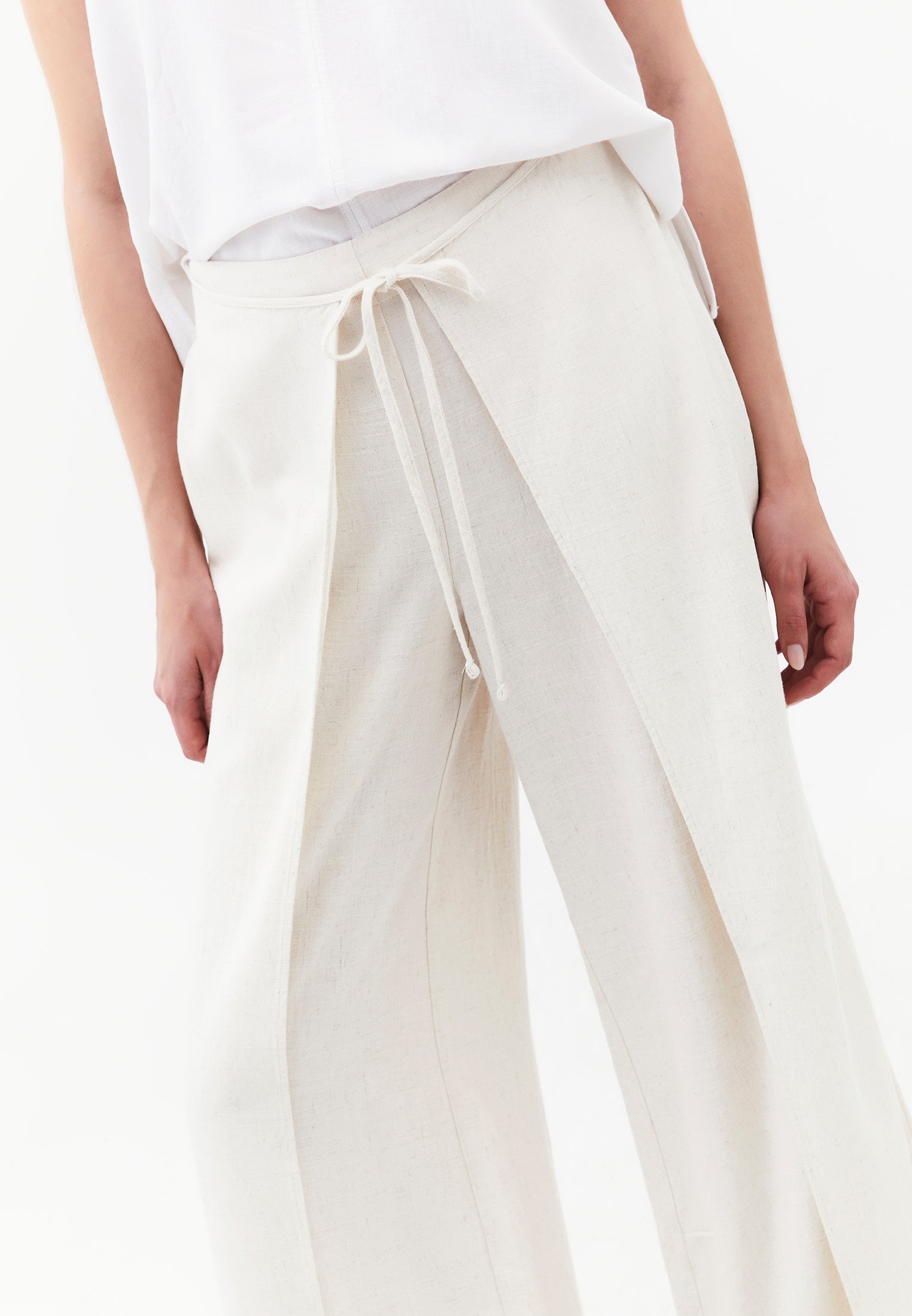Wide Leg Tied Pants - NATURAL