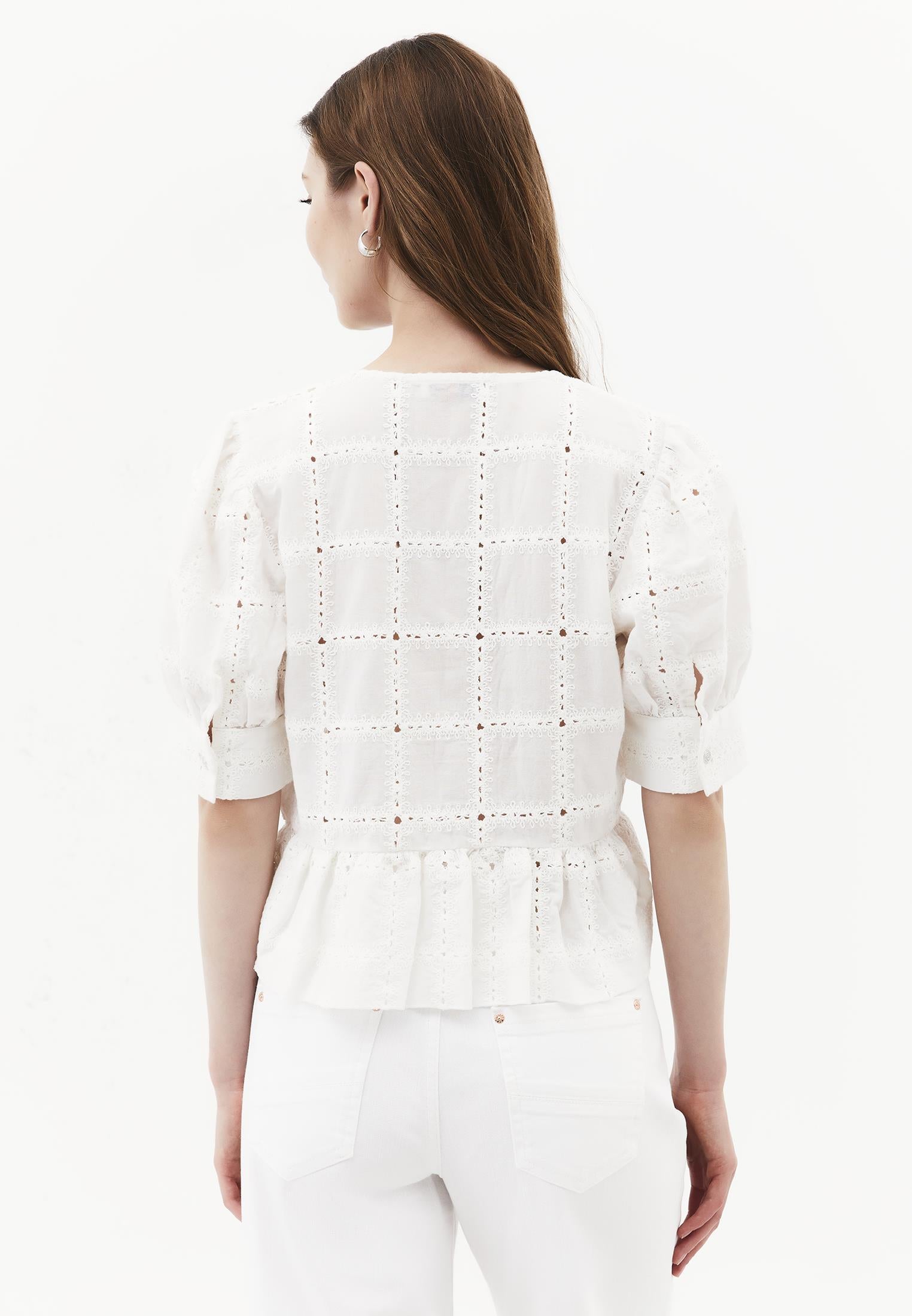 Sleeveless V-Neck Blouse with Embroidery and Ruffle Details - NATURAL