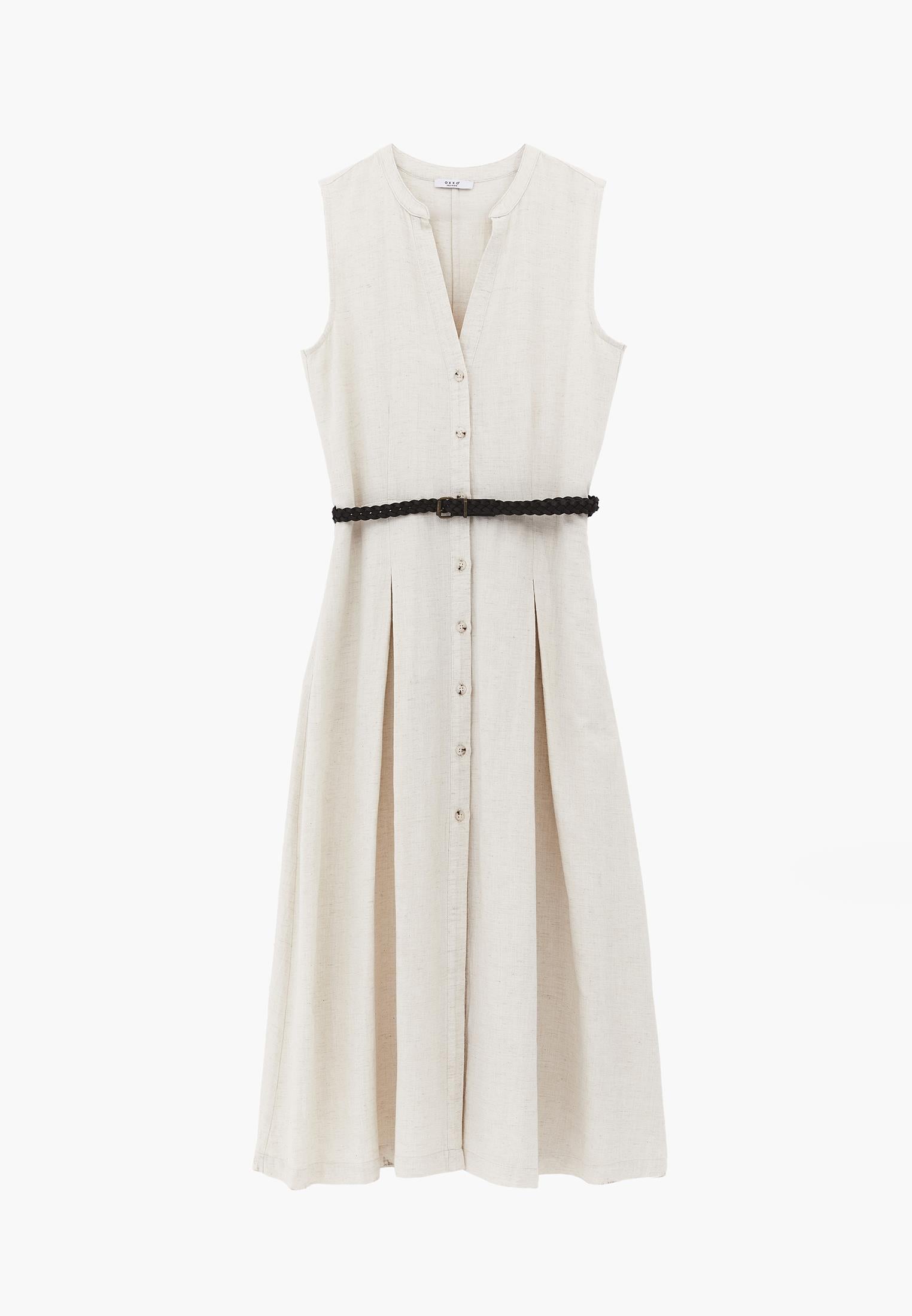 Long A-Line Dress With Belt And Button Details - NATURAL