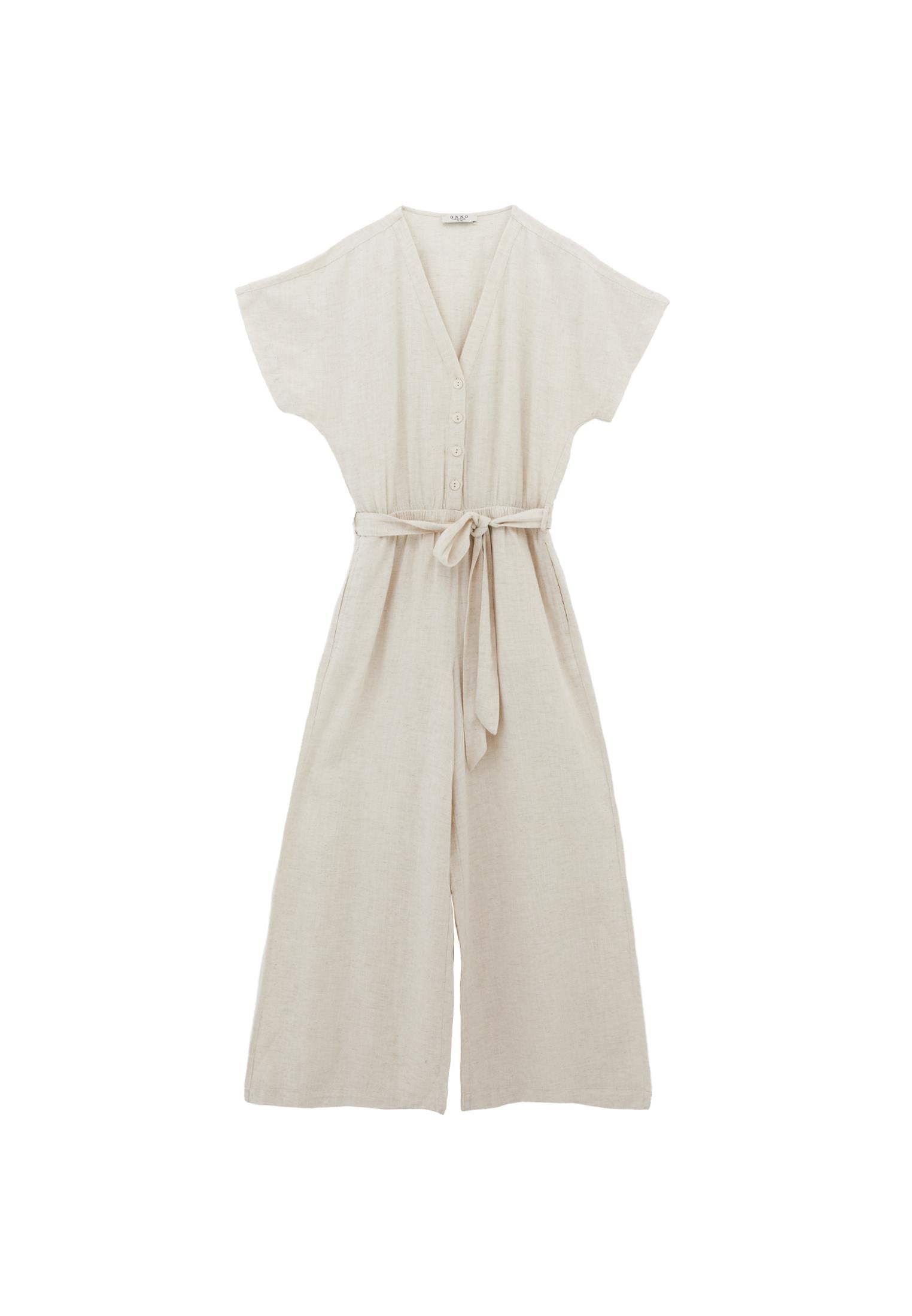 Belted V Neck Wide Leg Jumpsuit - NATURAL