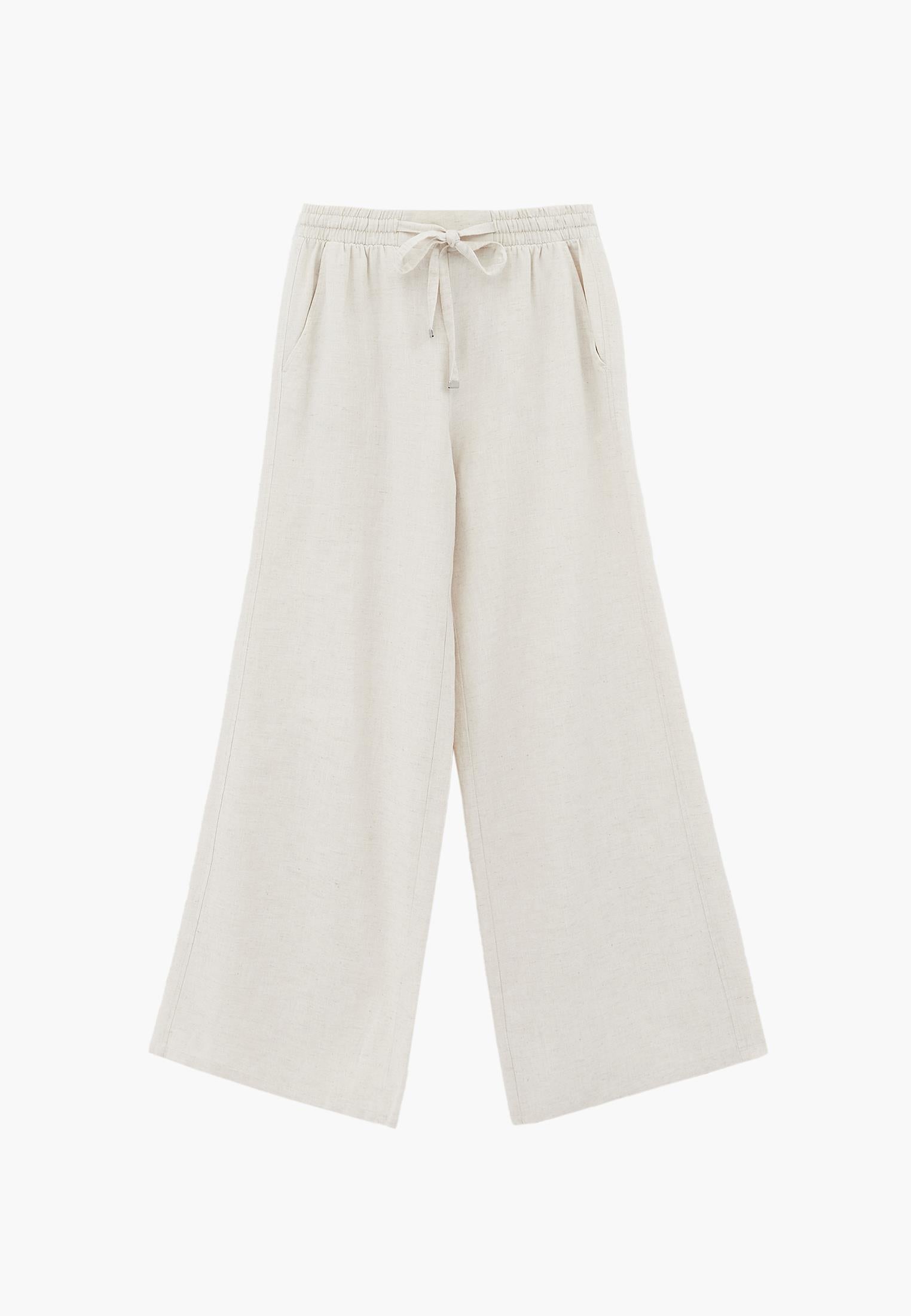 High Waist Wide Leg Elastic Waist Pants - NATURAL