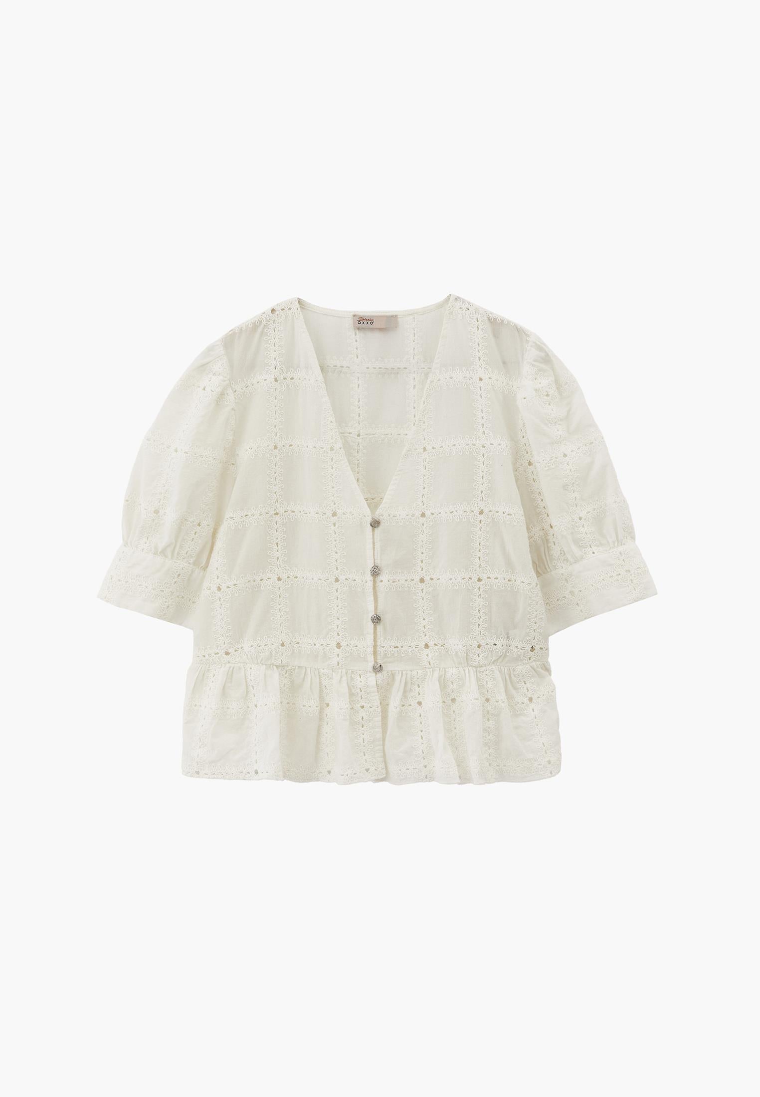 Sleeveless V-Neck Blouse with Embroidery and Ruffle Details - NATURAL