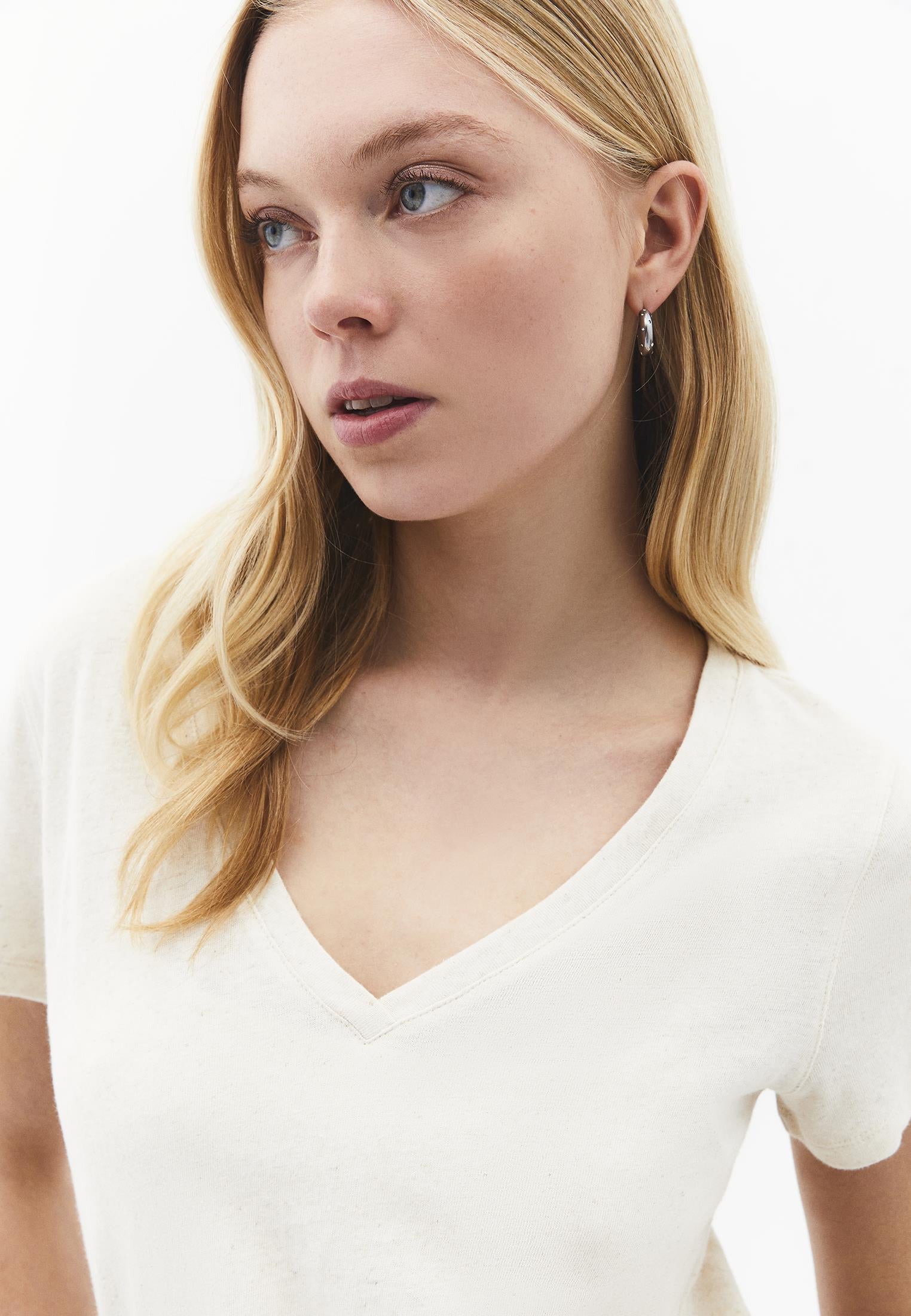 Loose Fit V Neck T-Shirt - NATUREL