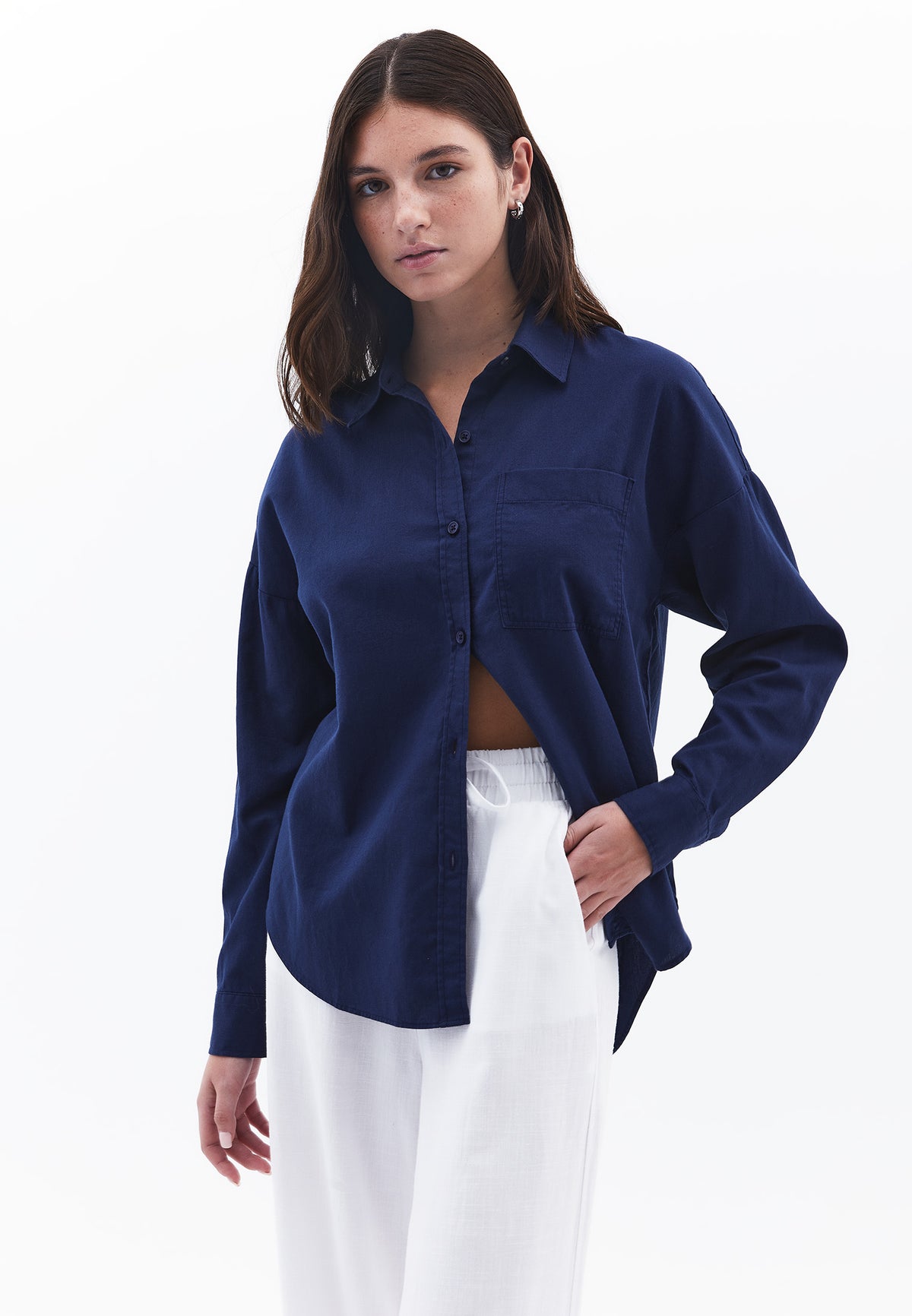 Long Sleeve Shirt Collar Shirt With Button Details - NAVAL ACADEMY