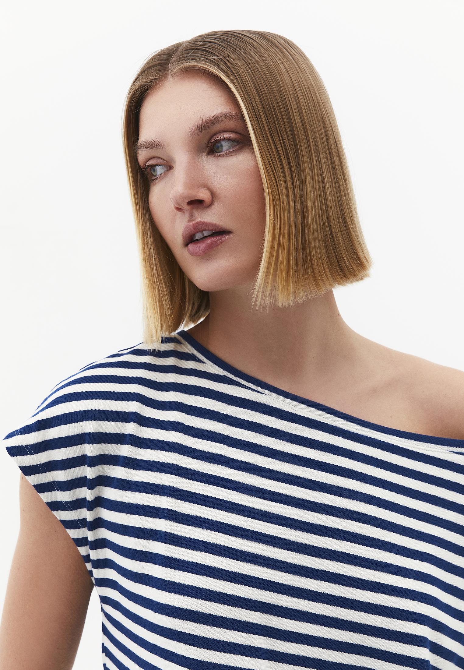 Boat Neck Striped Sleeveless T-Shirt - NAVY PEONY STRIPE