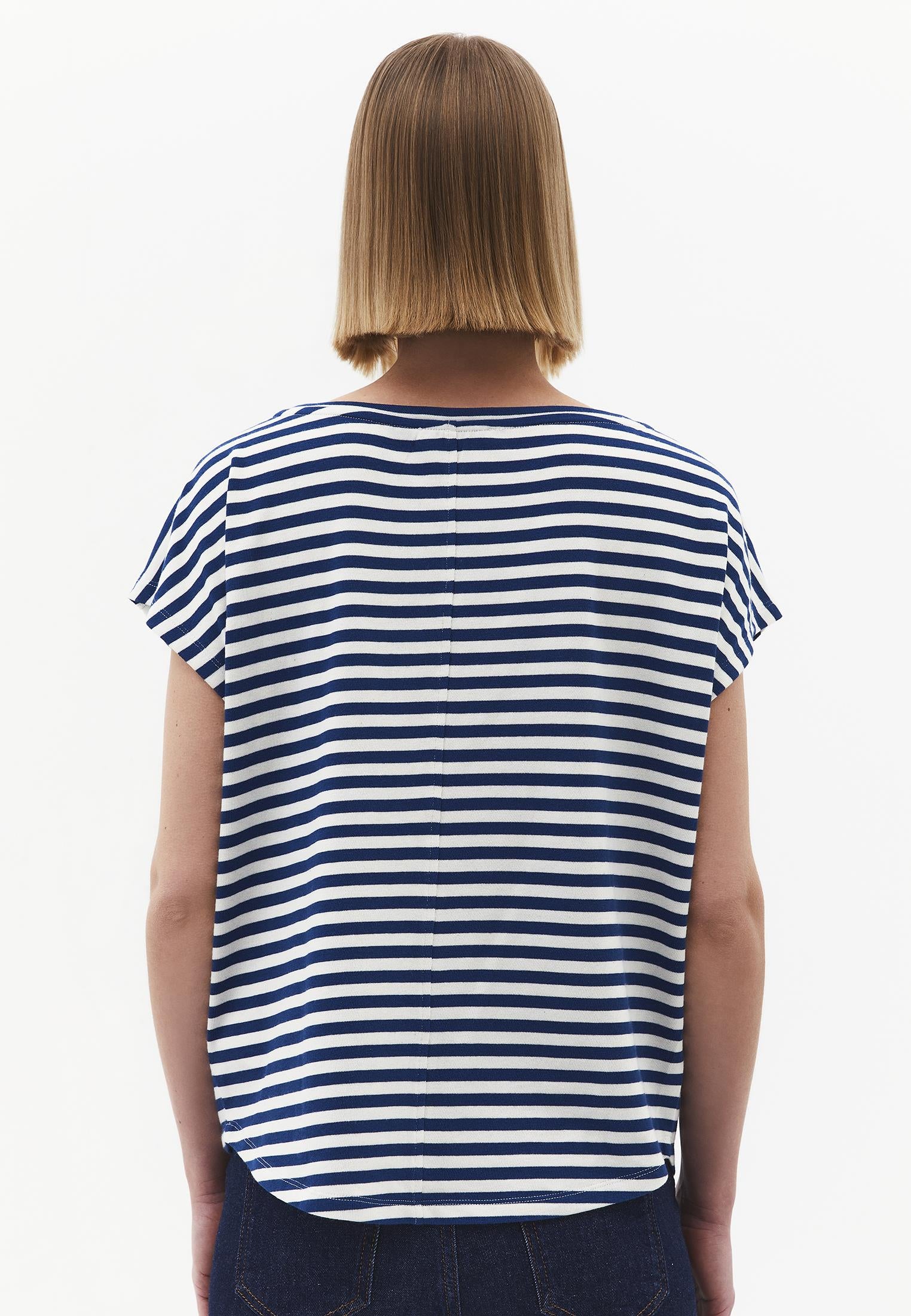 Boat Neck Striped Sleeveless T-Shirt - NAVY PEONY STRIPE
