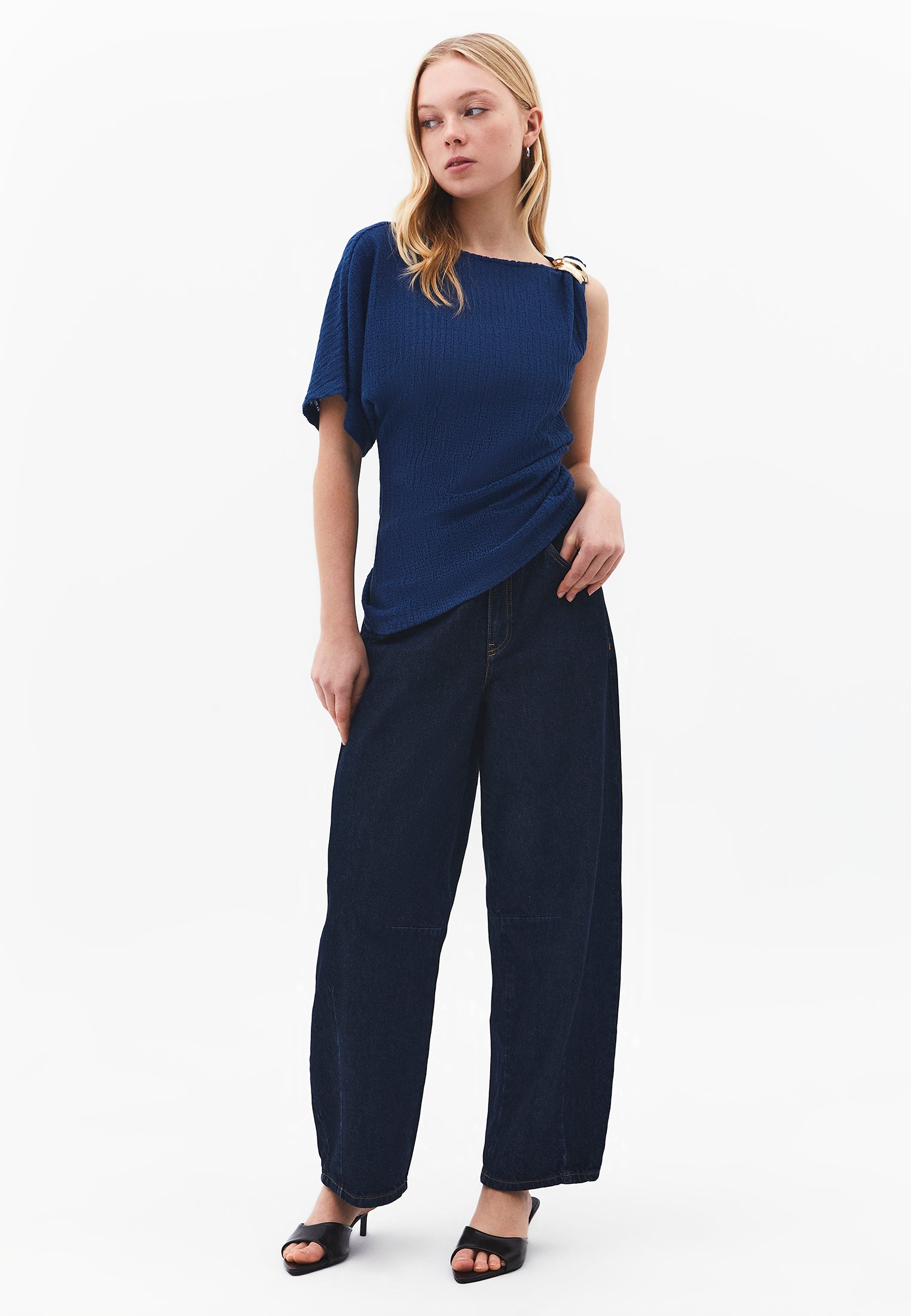 Asymmetric Boat Neck Blouse - NAVY PEONY