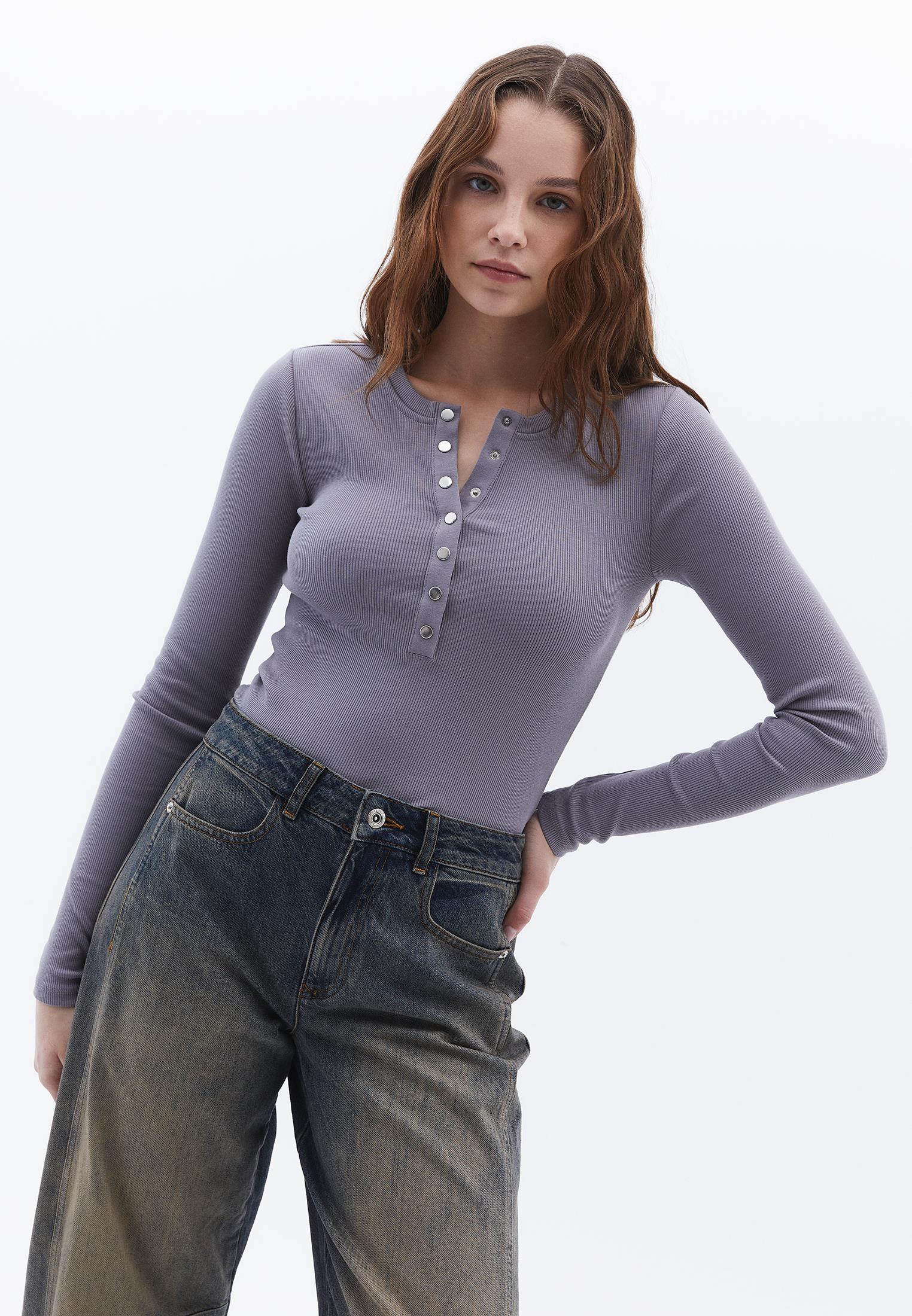 Ribbed Fabric Long Sleeve T-Shirt Crew Neck - NIGHT OWL