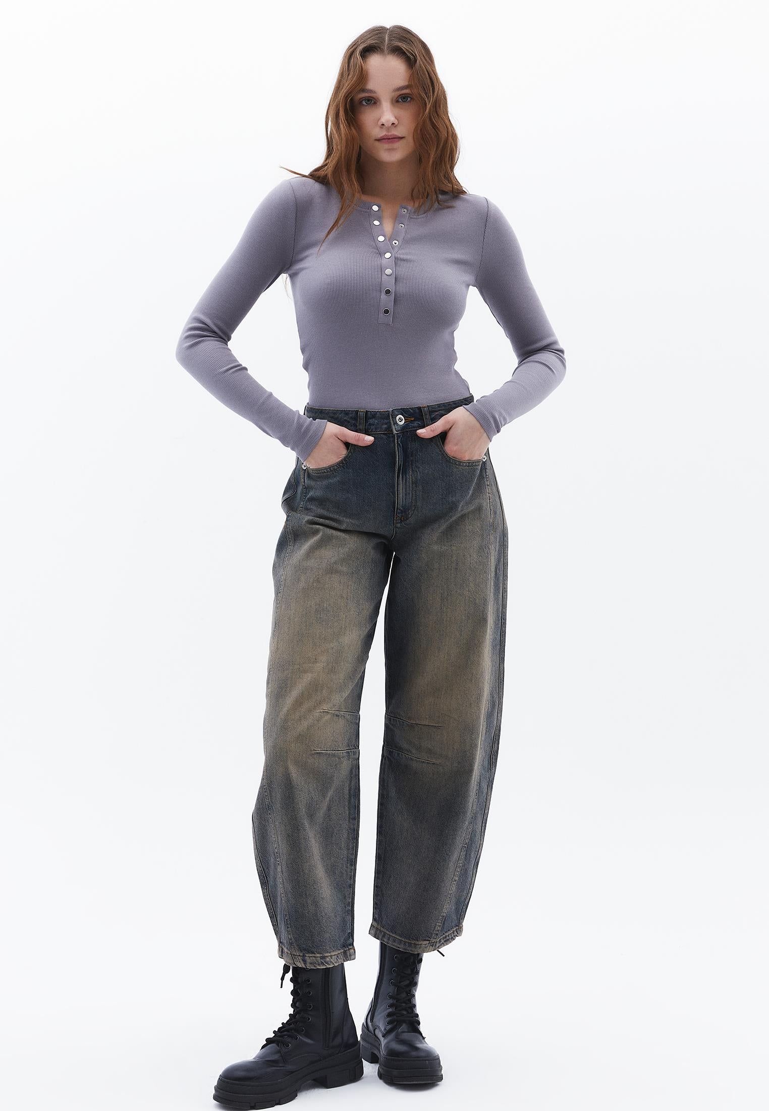 Ribbed Fabric Long Sleeve T-Shirt Crew Neck - NIGHT OWL