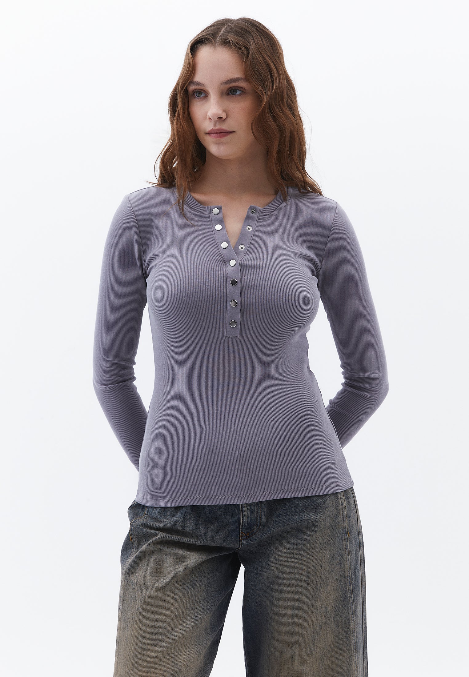 Ribbed Fabric Long Sleeve T-Shirt Crew Neck - NIGHT OWL