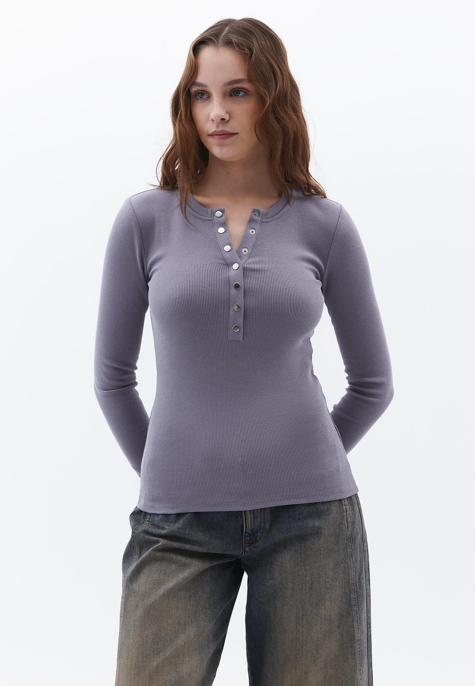 Ribbed Fabric Long Sleeve T-Shirt Crew Neck - NIGHT OWL