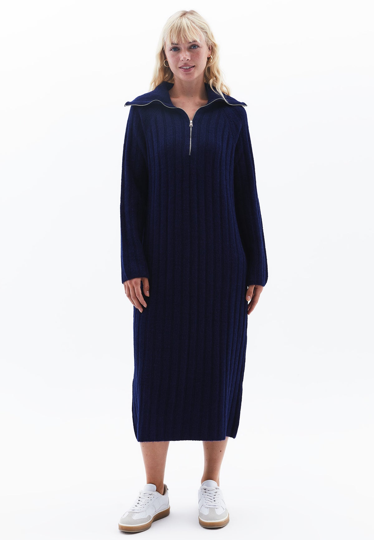 Polo Collar Raglan Sleeve Long Dress With Zipper Detail - OCEAN CAVERN