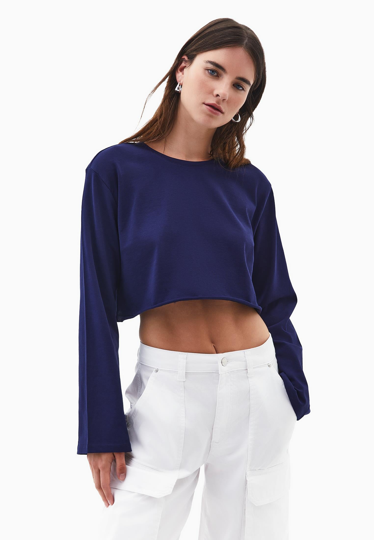 Long Sleeve Crew Neck Cropped T-Shirt - OCEAN CAVERN