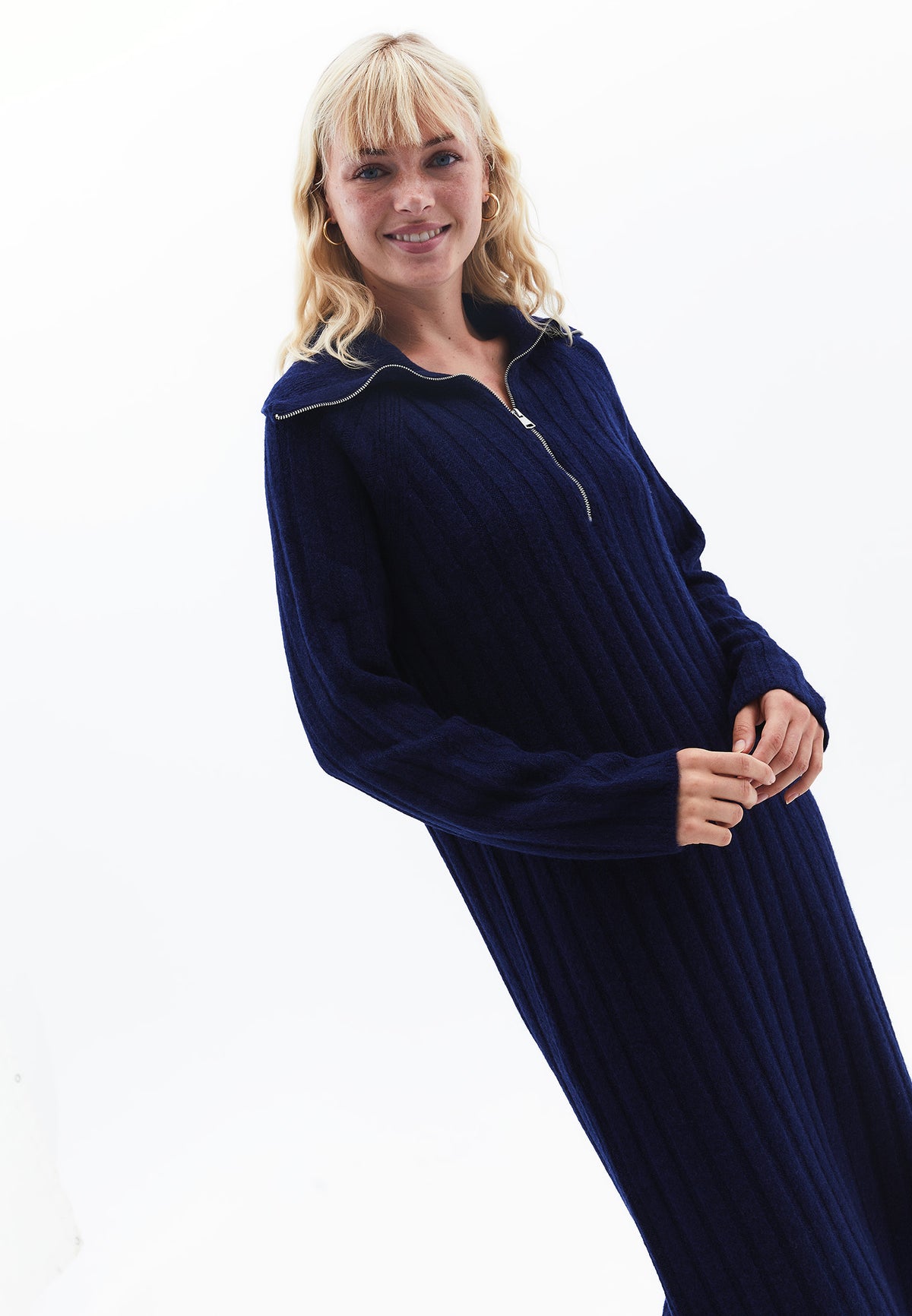 Polo Collar Raglan Sleeve Long Dress With Zipper Detail - OCEAN CAVERN