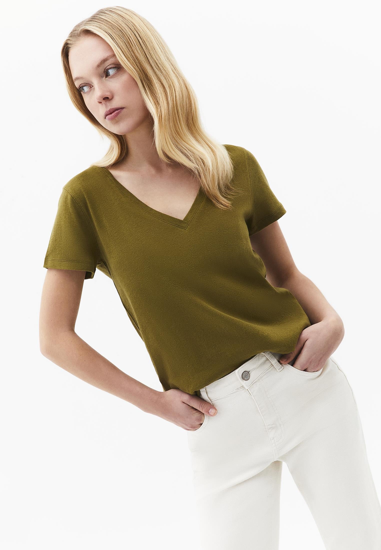 Loose Fit V Neck T-Shirt - OLIVE DRAB