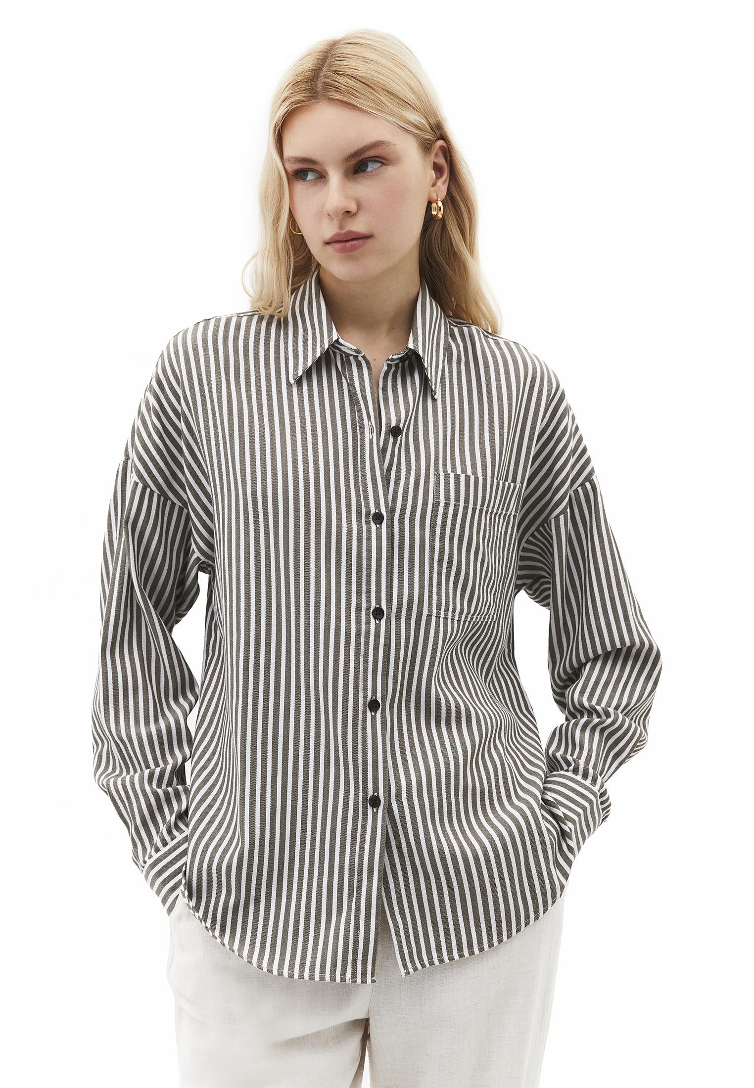Oversize Pocketed Standard Shirt - OLIVE NIGHT STRIPE