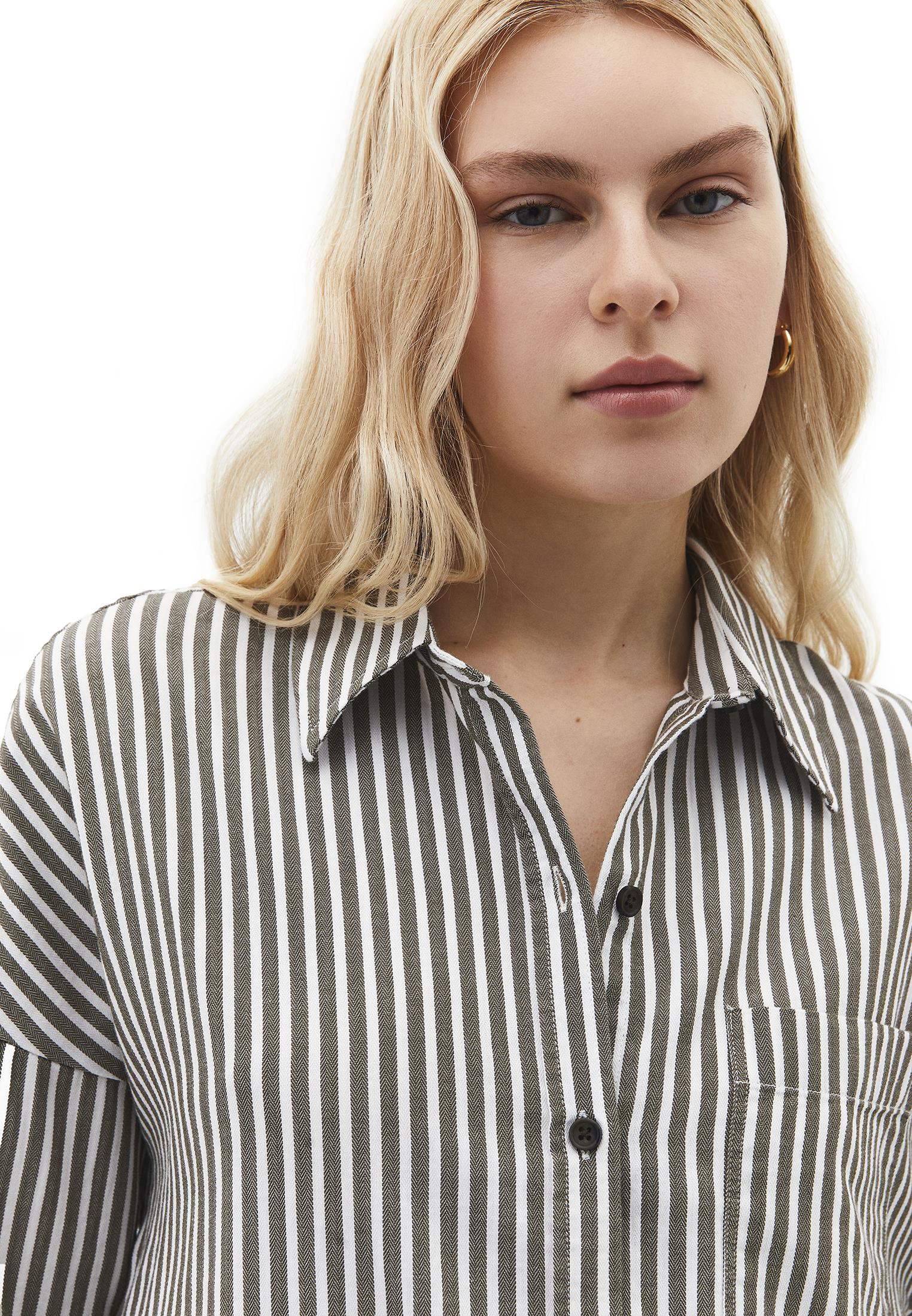 Oversize Pocketed Standard Shirt - OLIVE NIGHT STRIPE