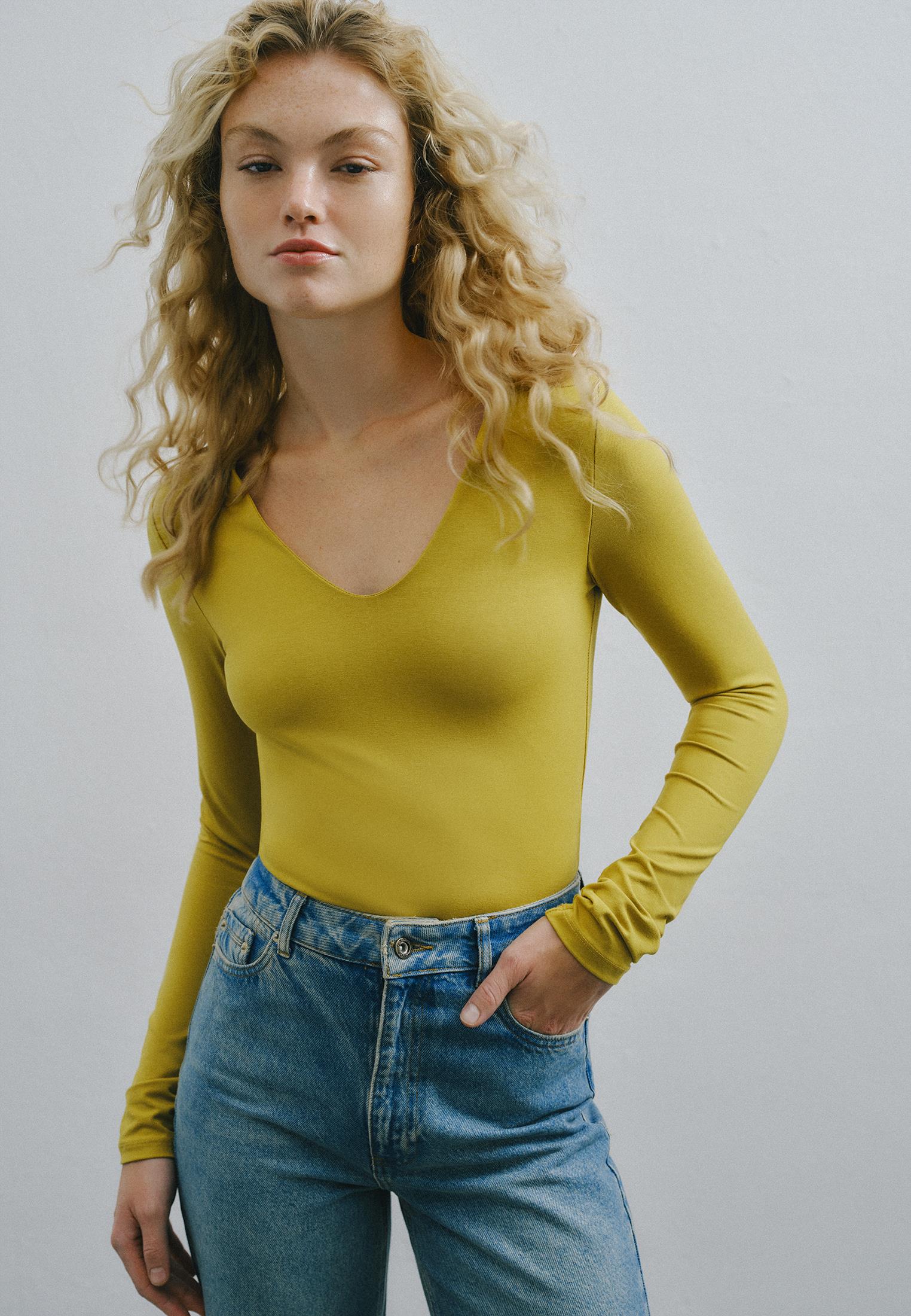 V Neck Long Sleeve T-Shirt - OLIVE OIL