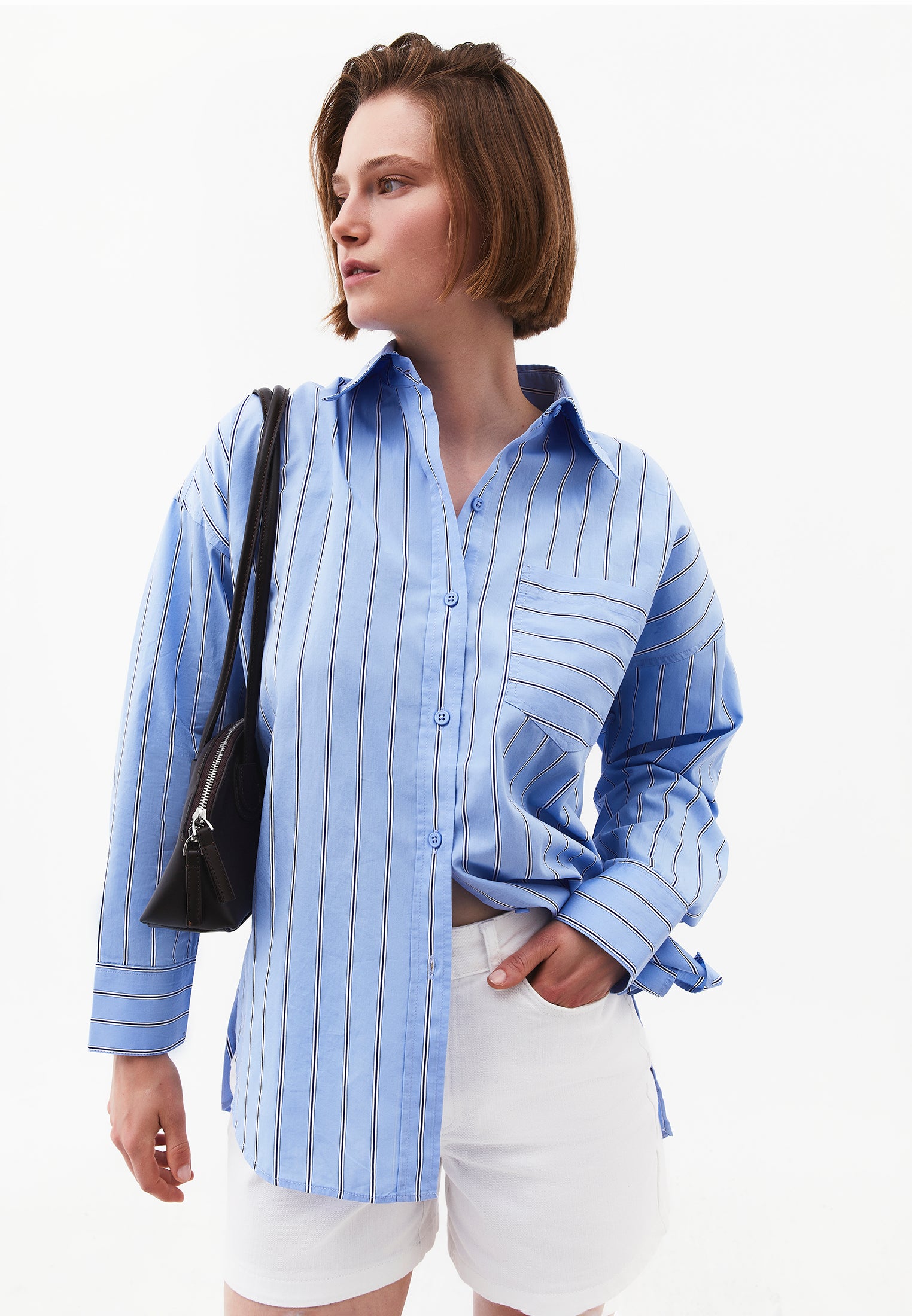 Shirt Collar Oversize Long Sleeve Pocket Detailed Standard Shirt - OPEN AIR STRIPE