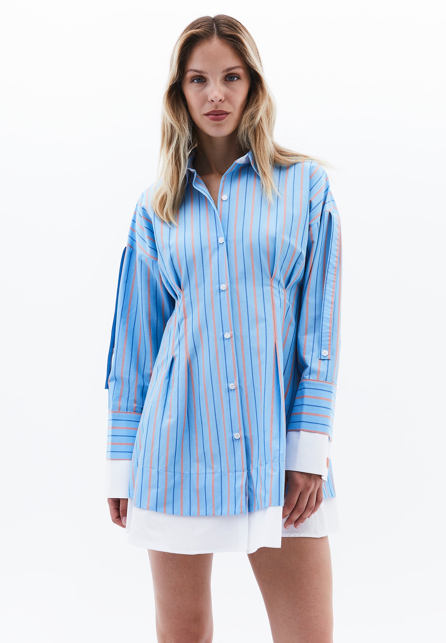 Shirt Collar Short Dress - BLUE/ORANGE STRIPED