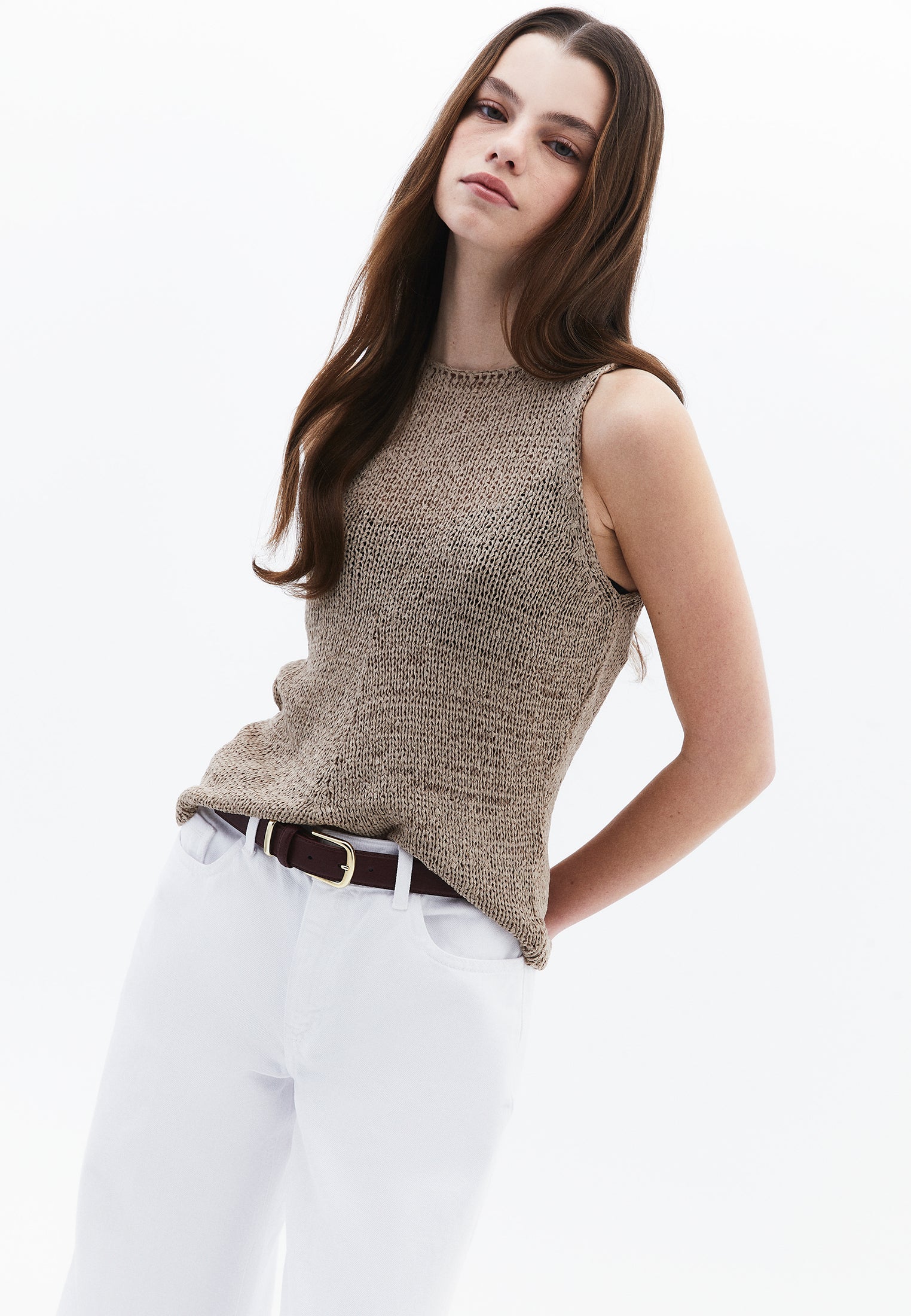 Knitted Vest Boat Neck - OXFORD TAN