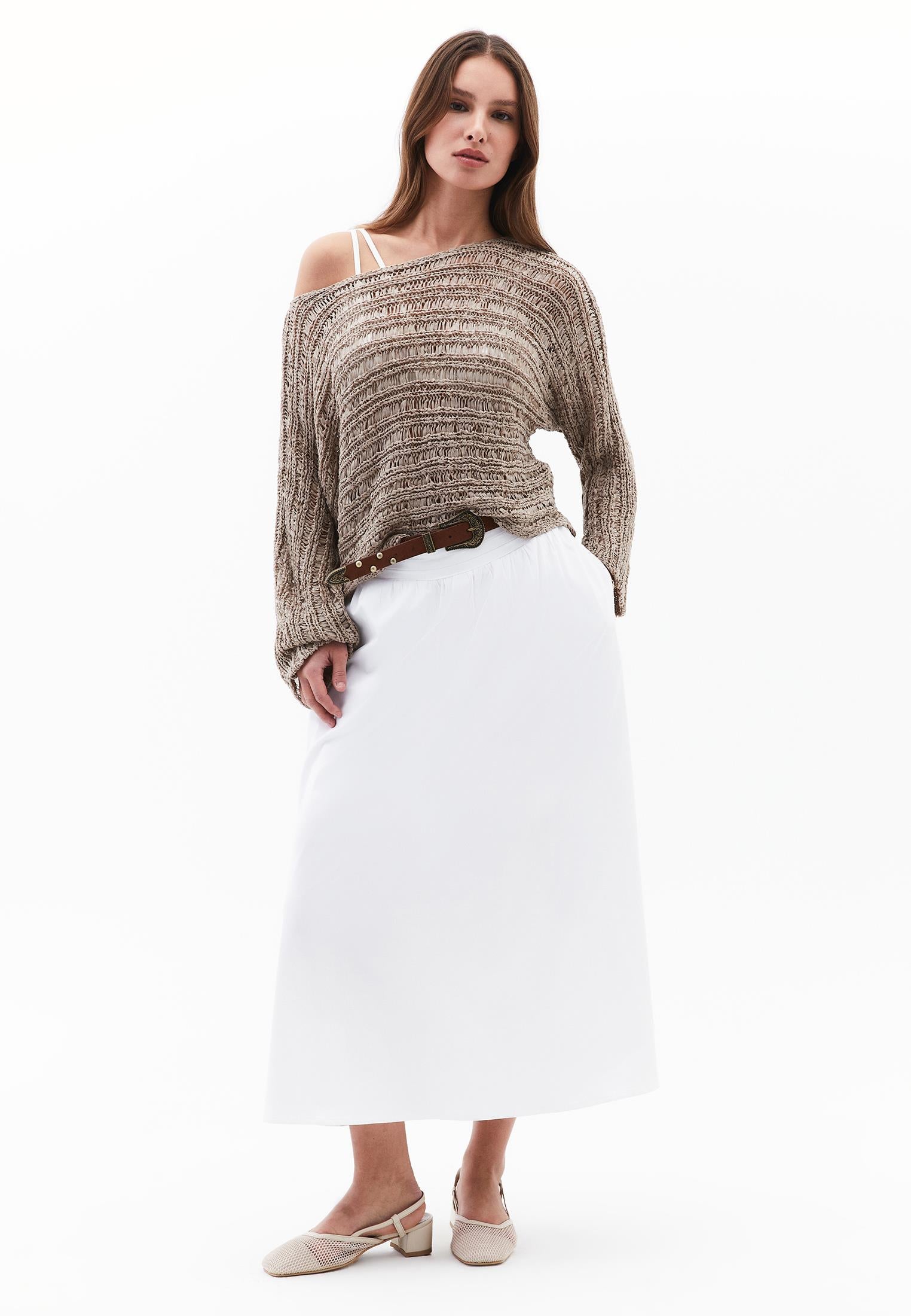 Openwork Boat Neck Pullover - OXFORD TAN