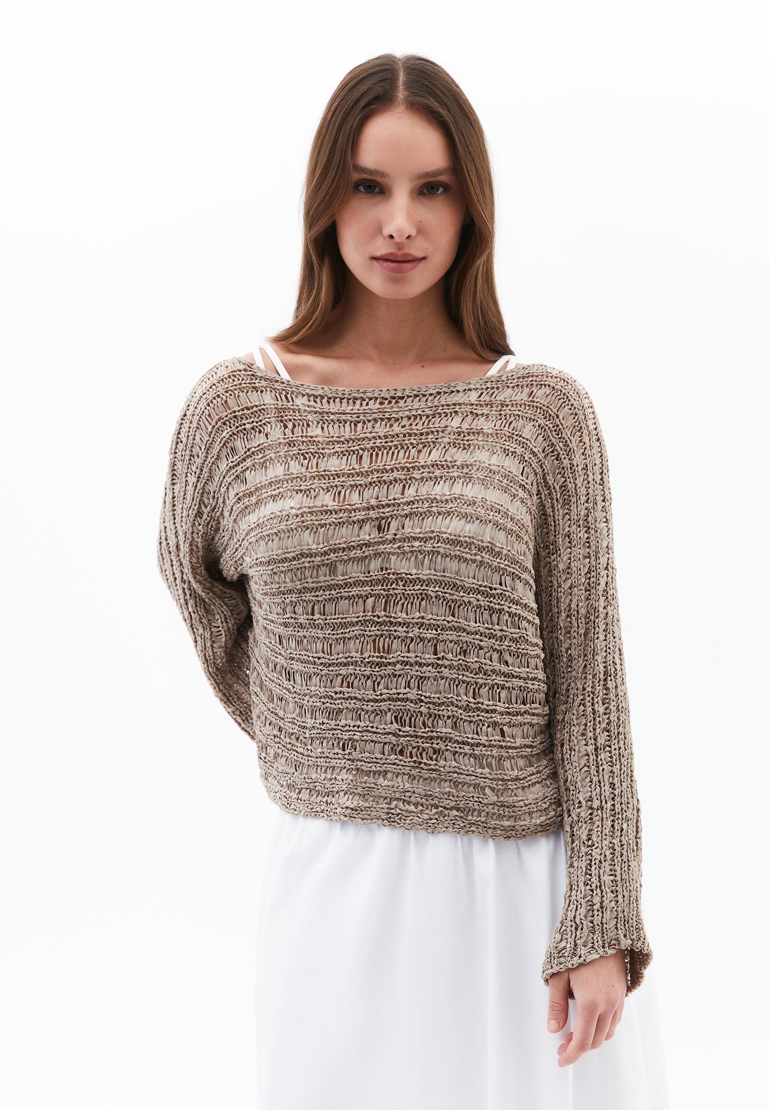Openwork Boat Neck Pullover - OXFORD TAN
