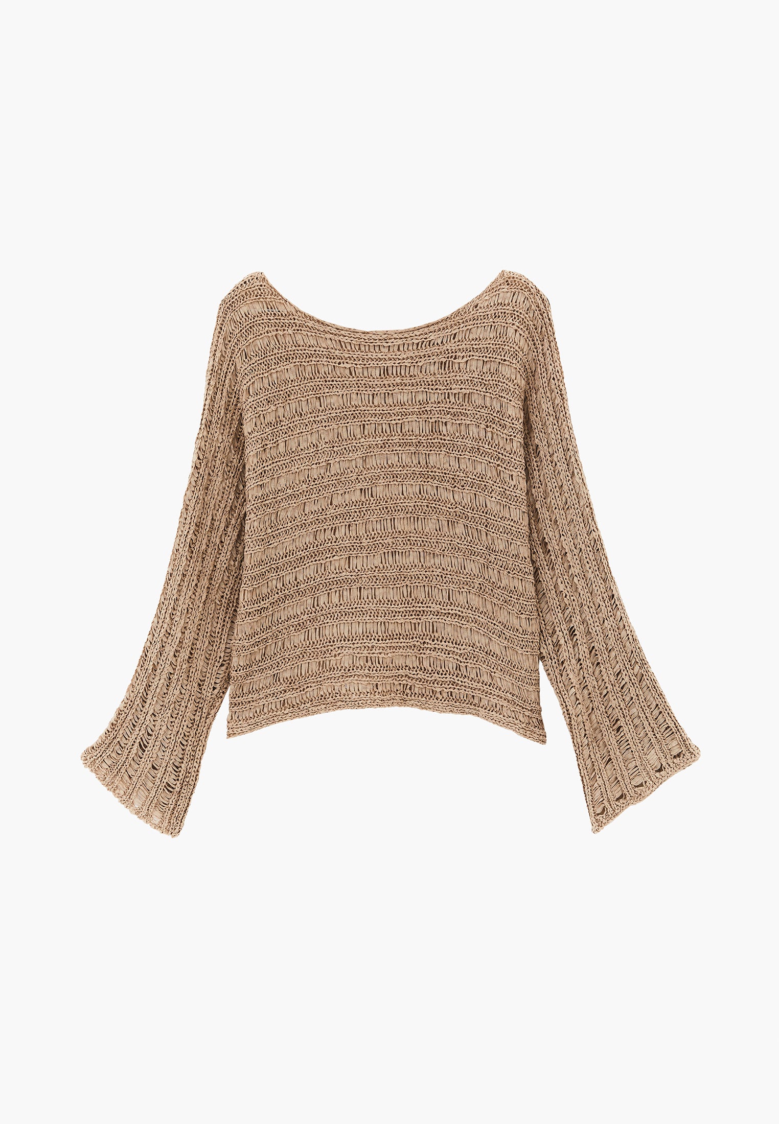 Openwork Boat Neck Long Sleeve Knit Sweater - OXFORD TAN
