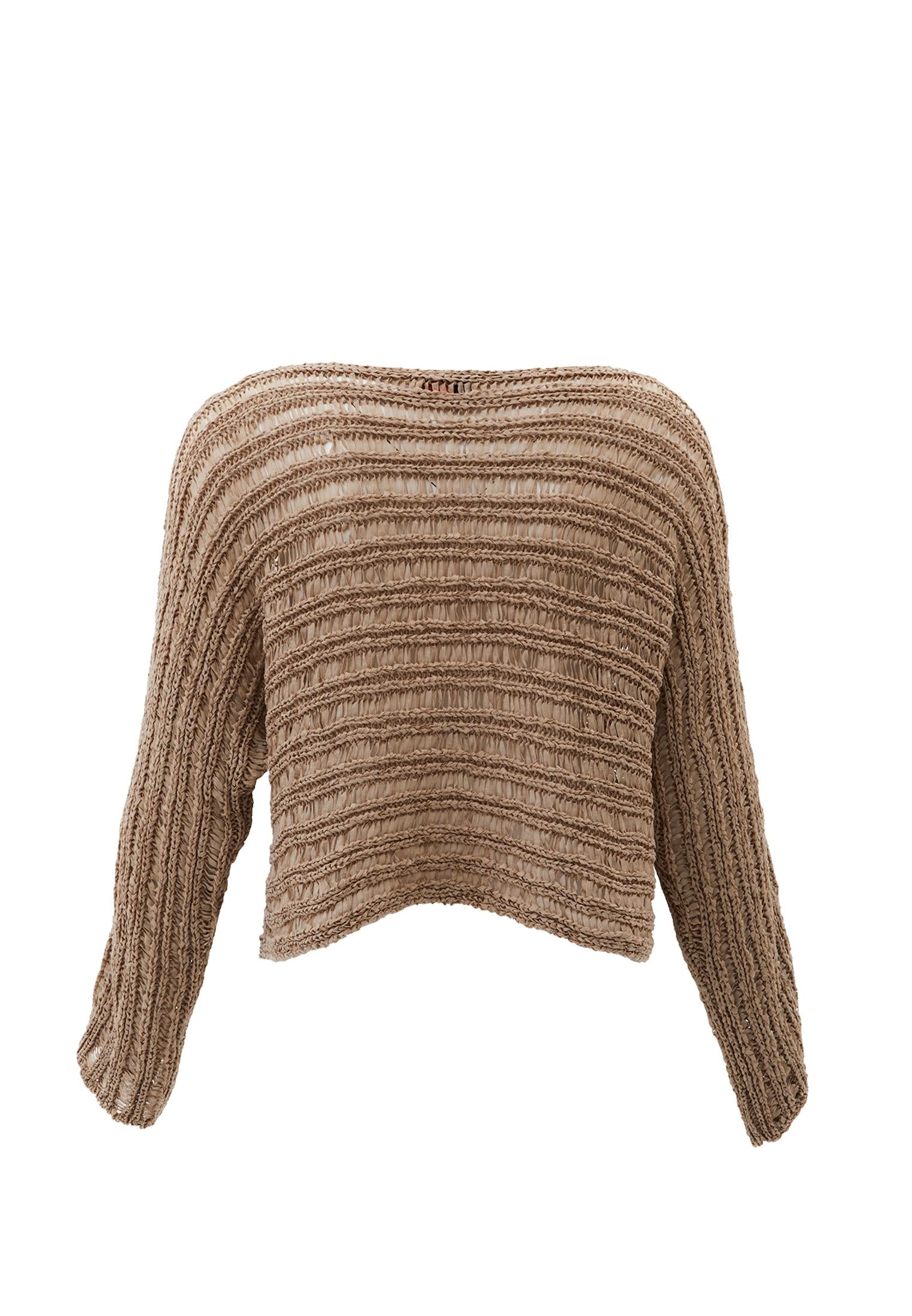 Openwork Short Boat Neck Knit Sweater - OXFORD TAN