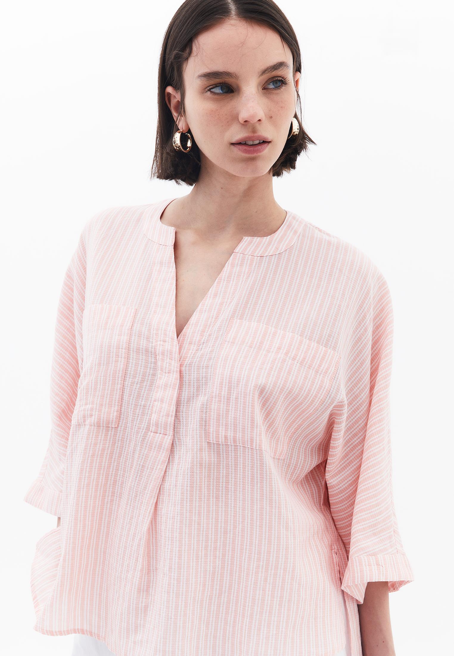 Oversize Shirt With Pocket Detail And Mandarin Collar - PEACH AMBER STRIPED