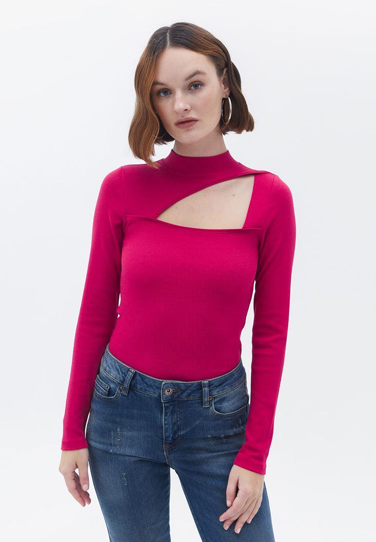 High Neck Long Sleeve Bodycon T-Shirt - PERSIAN RED