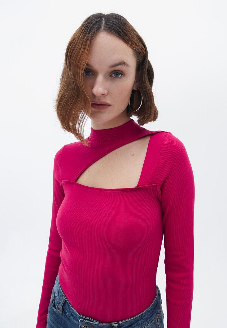 High Neck Long Sleeve Bodycon T-Shirt - PERSIAN RED