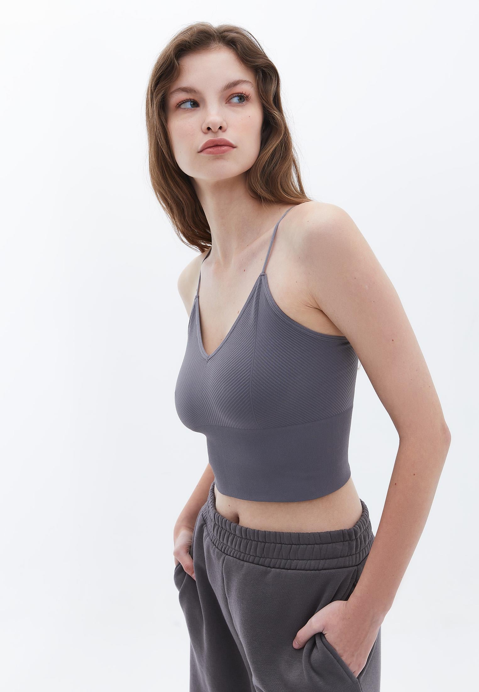 Jacquard Patterned V Neck Tank Top - PEWTER