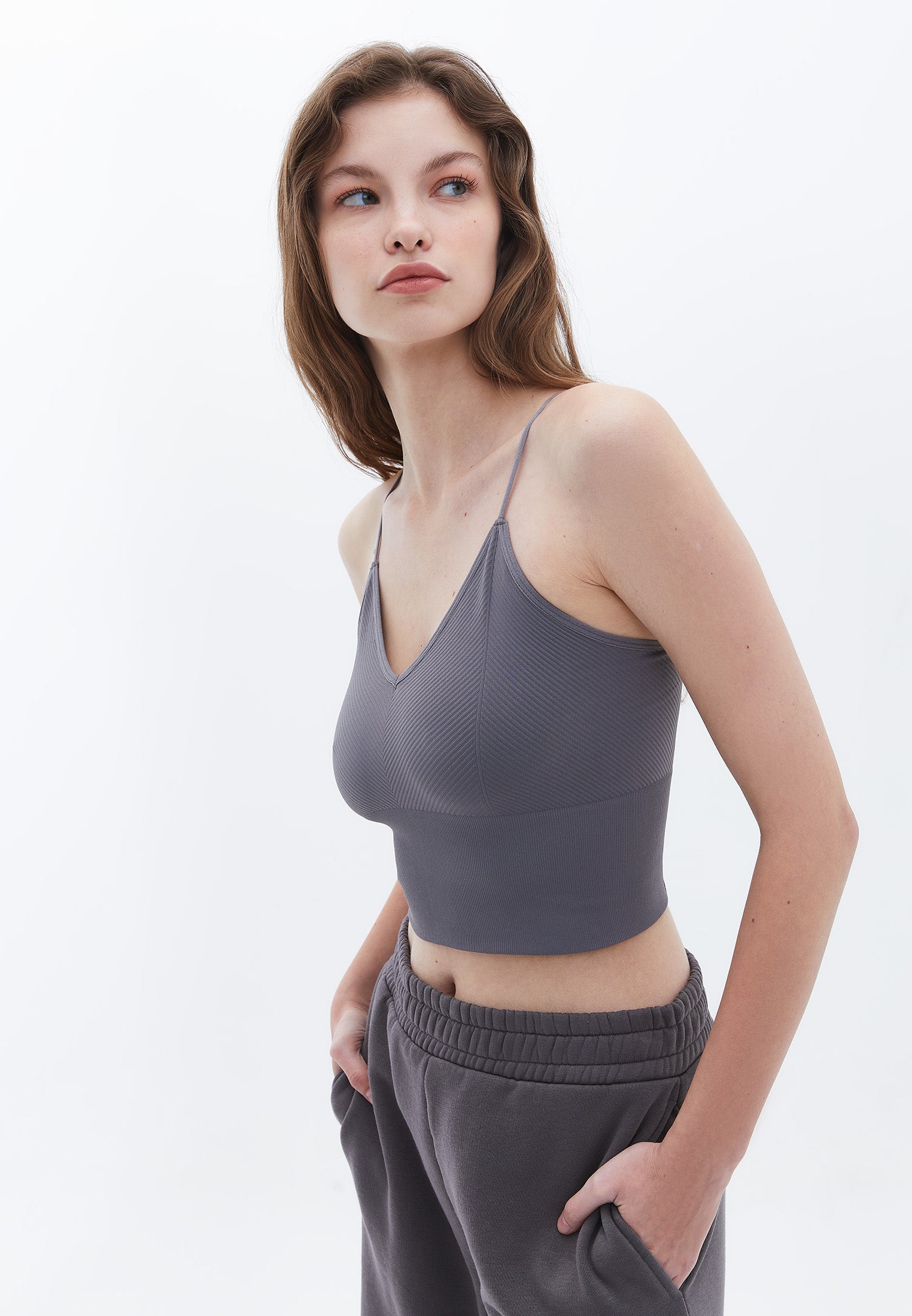 Jacquard Patterned V Neck Tank Top - PEWTER