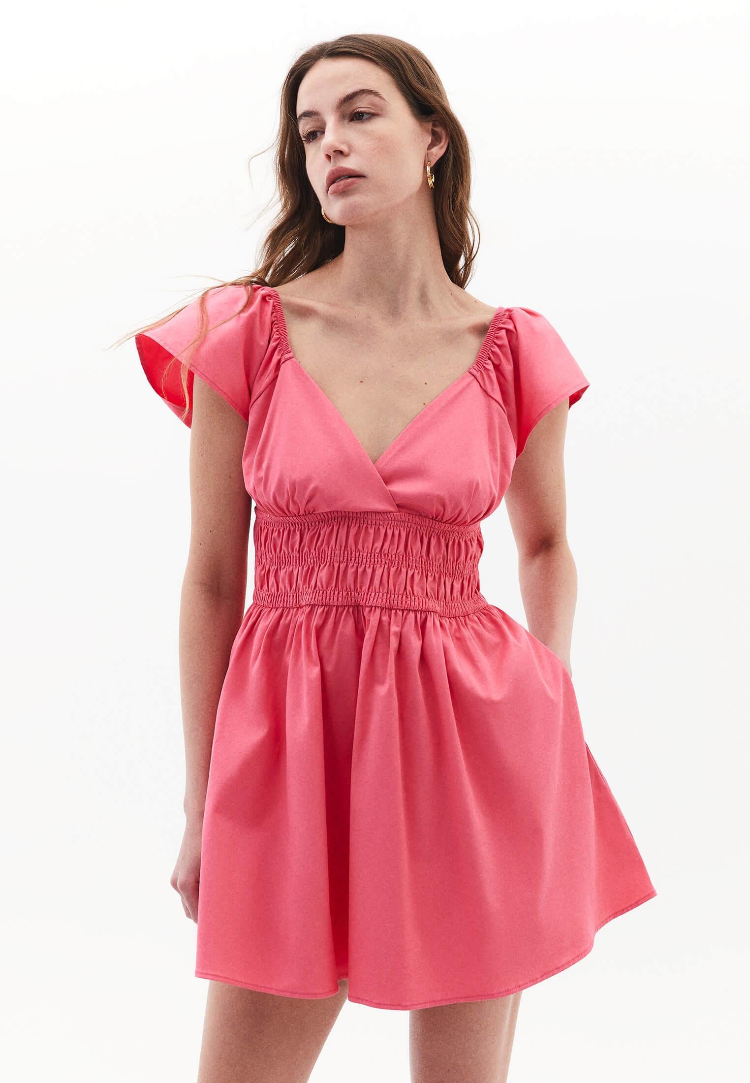Short V Neck Smocked Dress - PINK LEMONADE