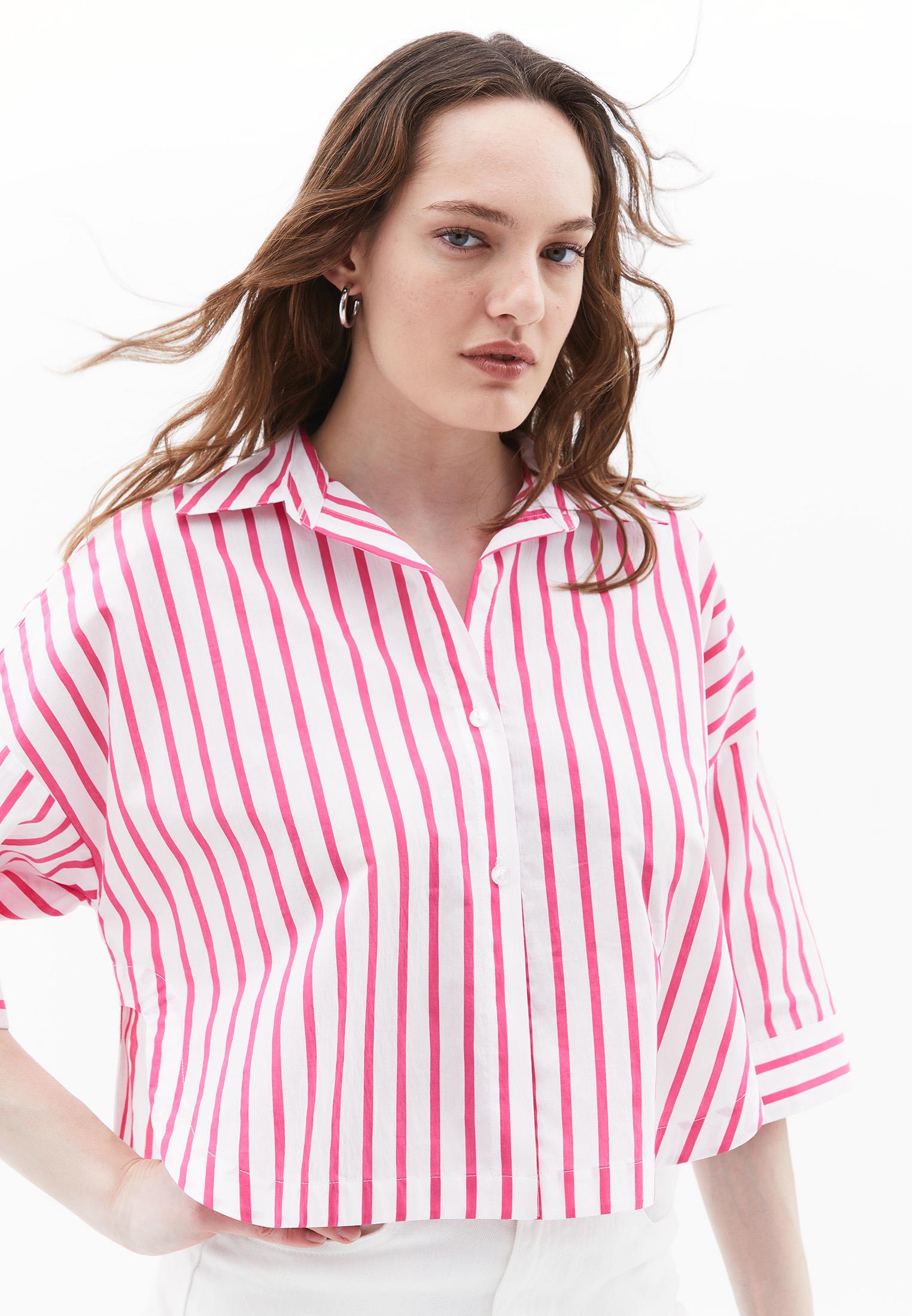 Shirt Collar Cotton Blouse - PINK STRIPE