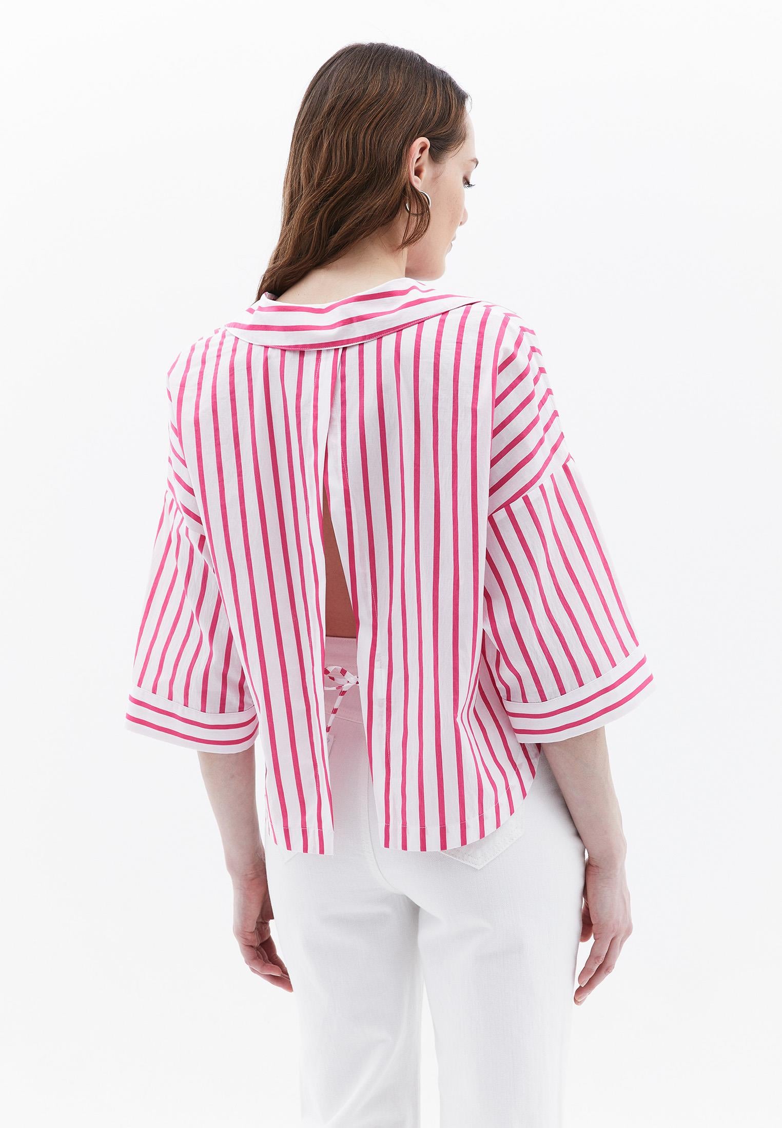 Shirt Collar Cotton Blouse - PINK STRIPE