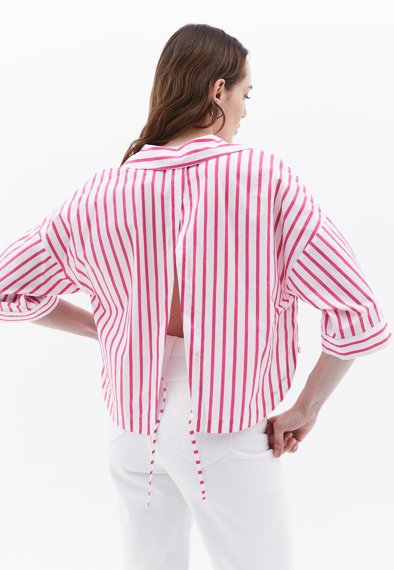Shirt Collar Cotton Blouse - PINK STRIPE