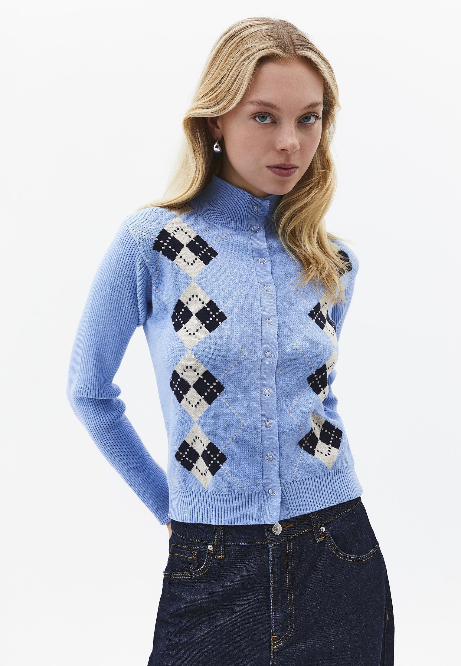 Jacquard Turtleneck Cardigan - PLACID BLUE COMB