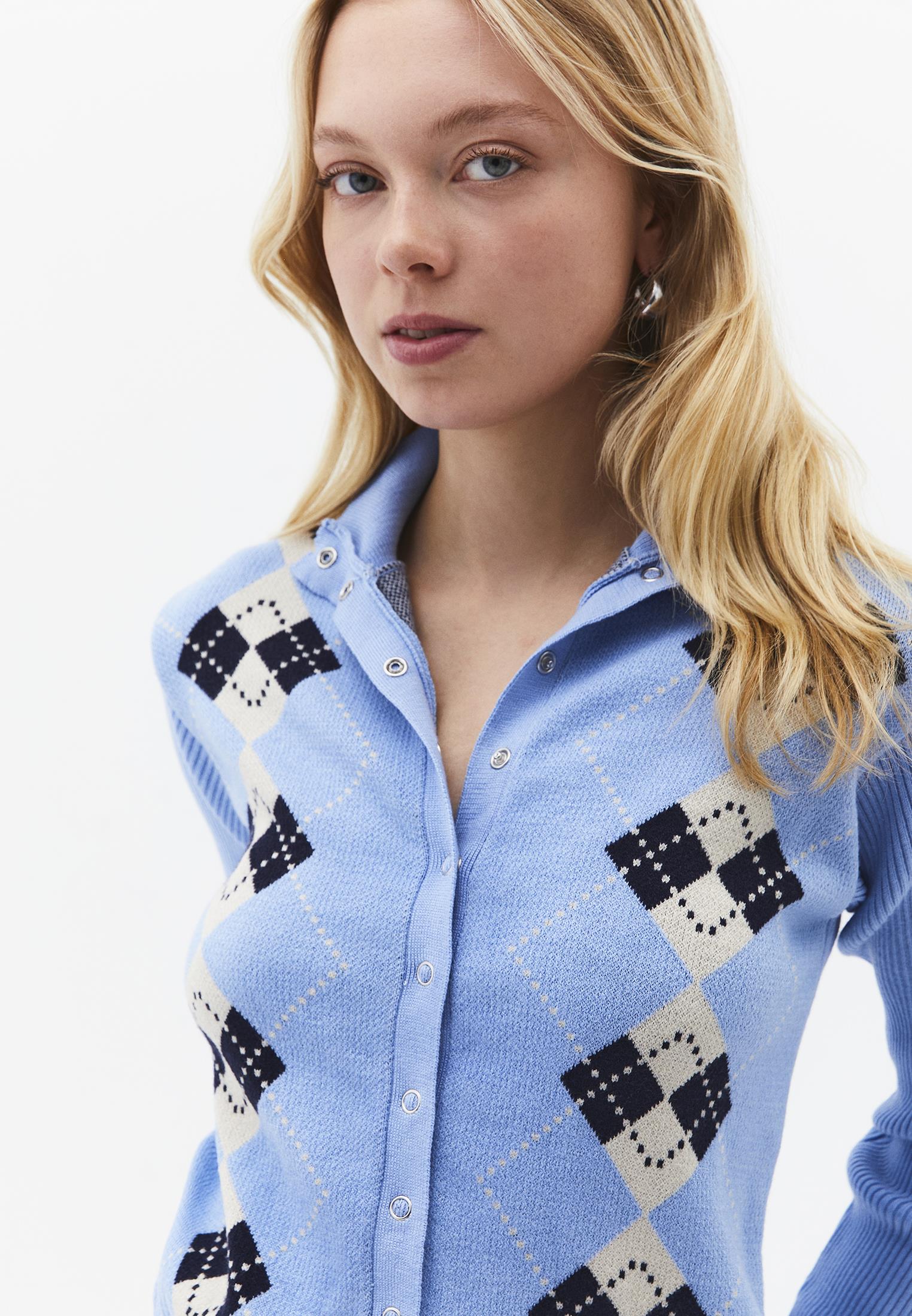 Jacquard Turtleneck Cardigan - PLACID BLUE COMB