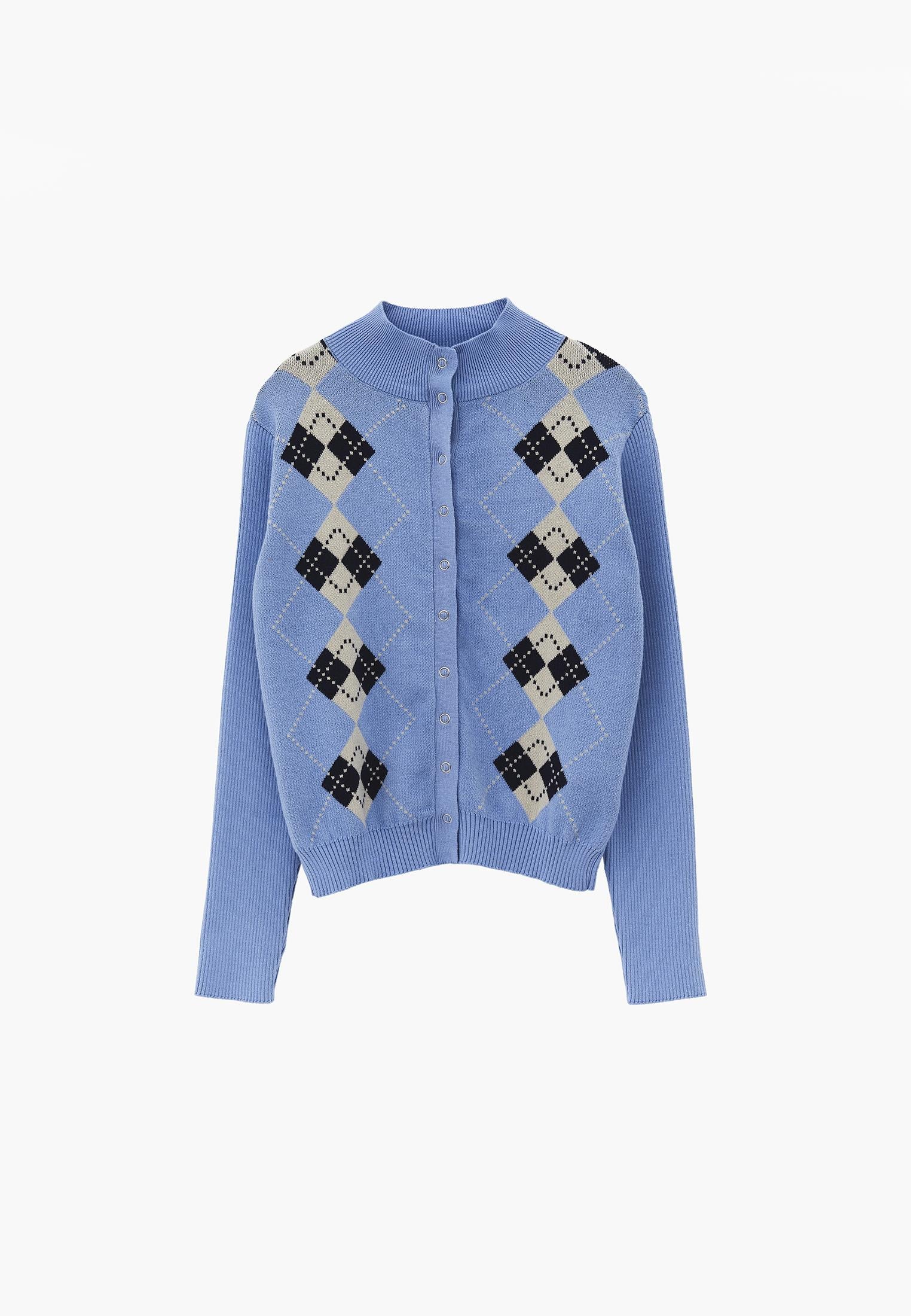 Jacquard Turtleneck Cardigan - PLACID BLUE COMB