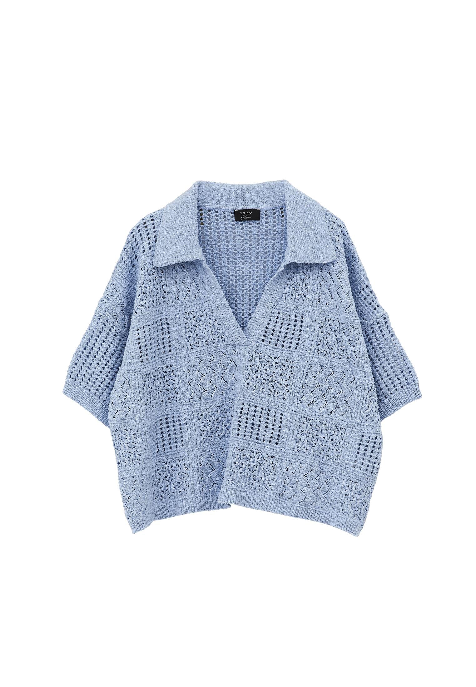 Polo Collar Oversize Ajour Sweater - PLACID BLUE