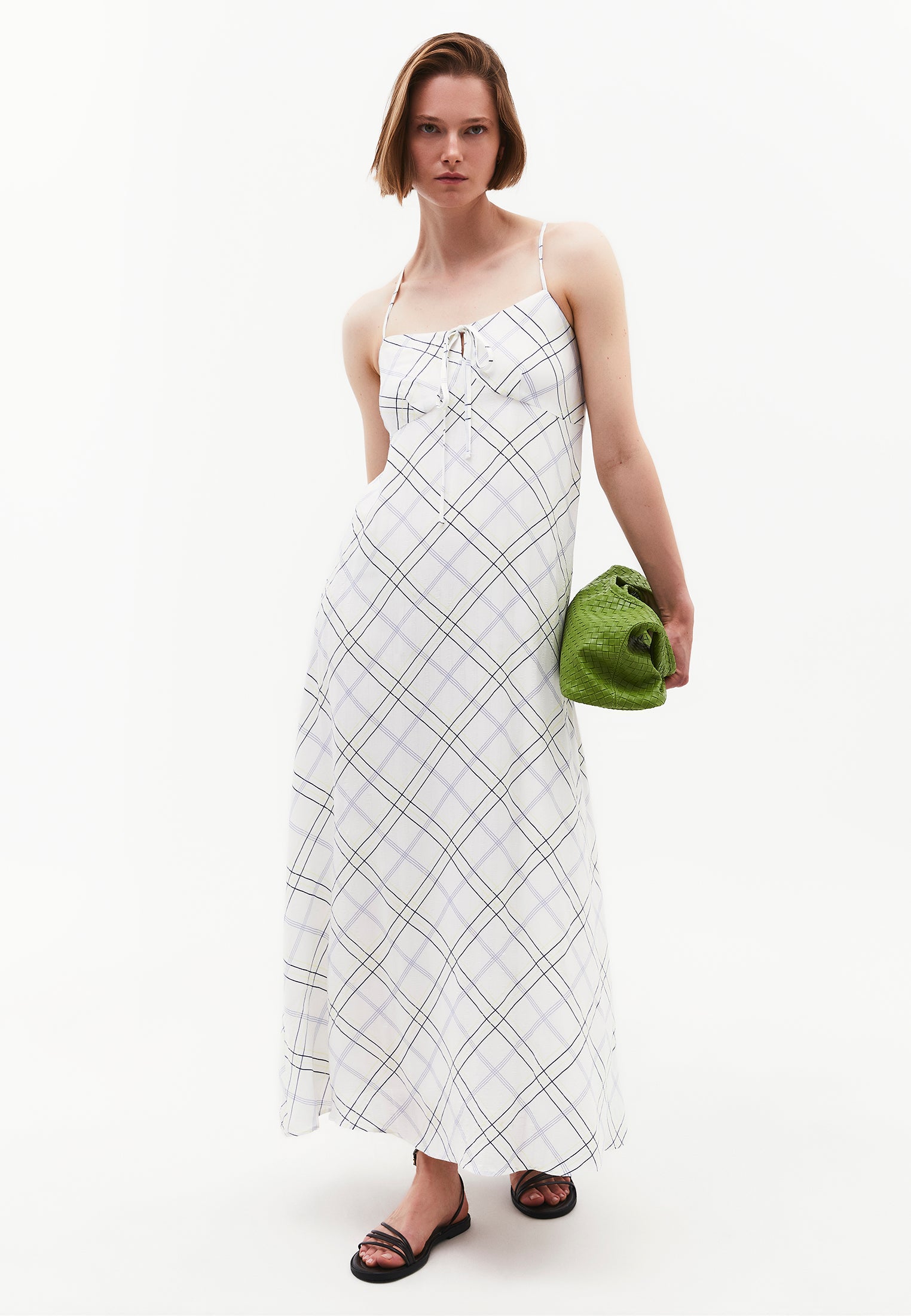 Striped Tie Sleeve A-Line Dress - PLAID COMB
