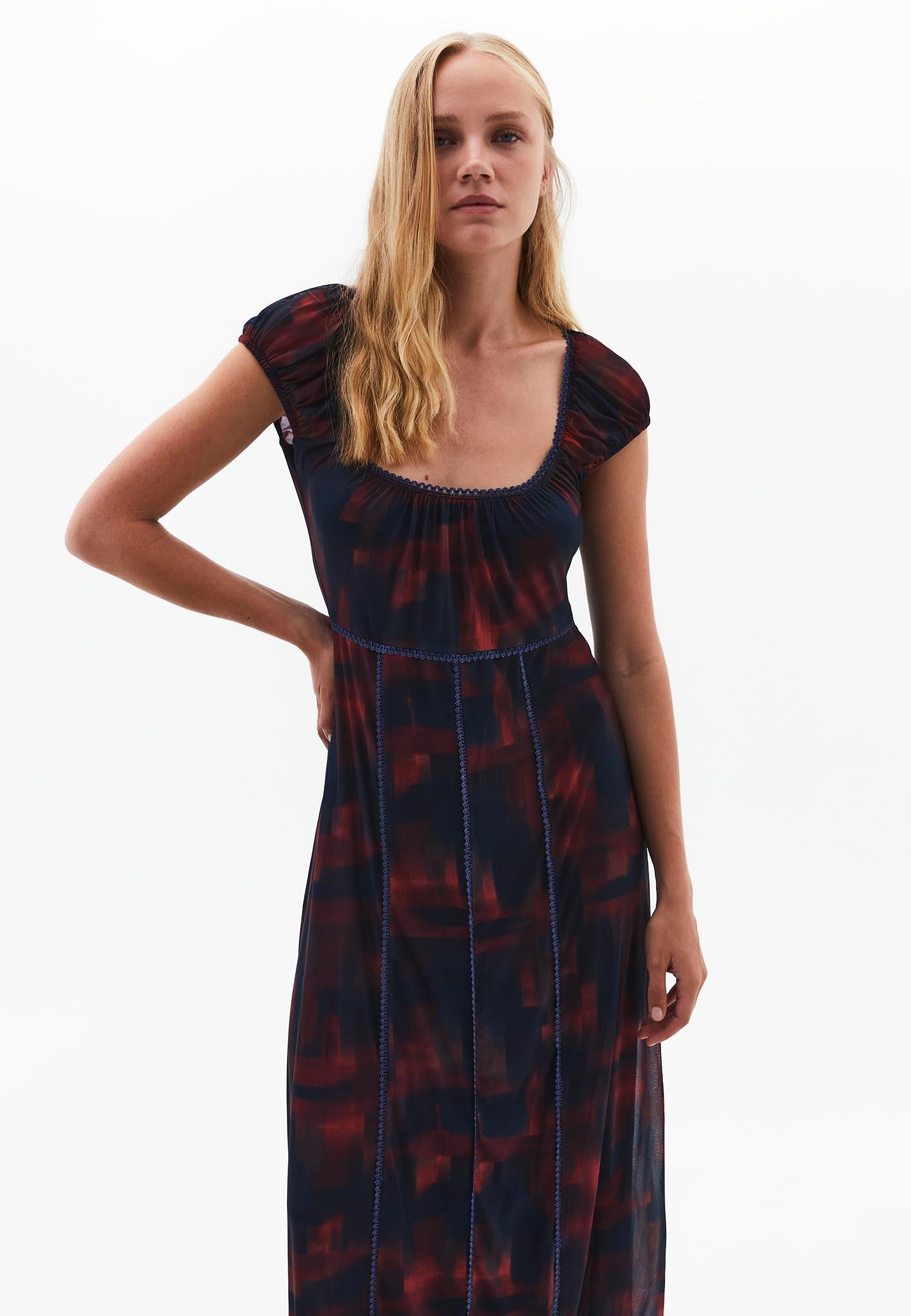 Flared Square Neck Long Dress - PLAID COMB