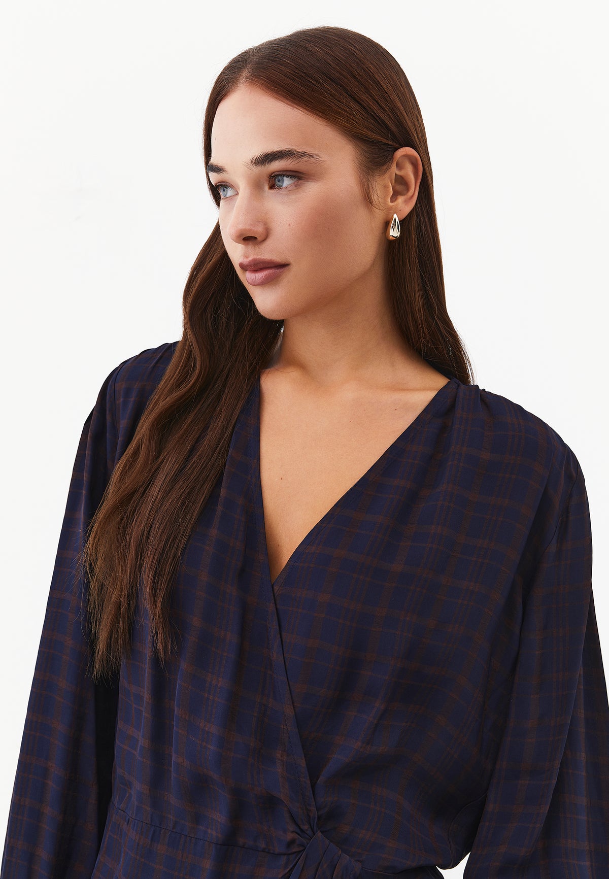 V-neck balloon sleeve long sleeve blouse - PLAID COMB