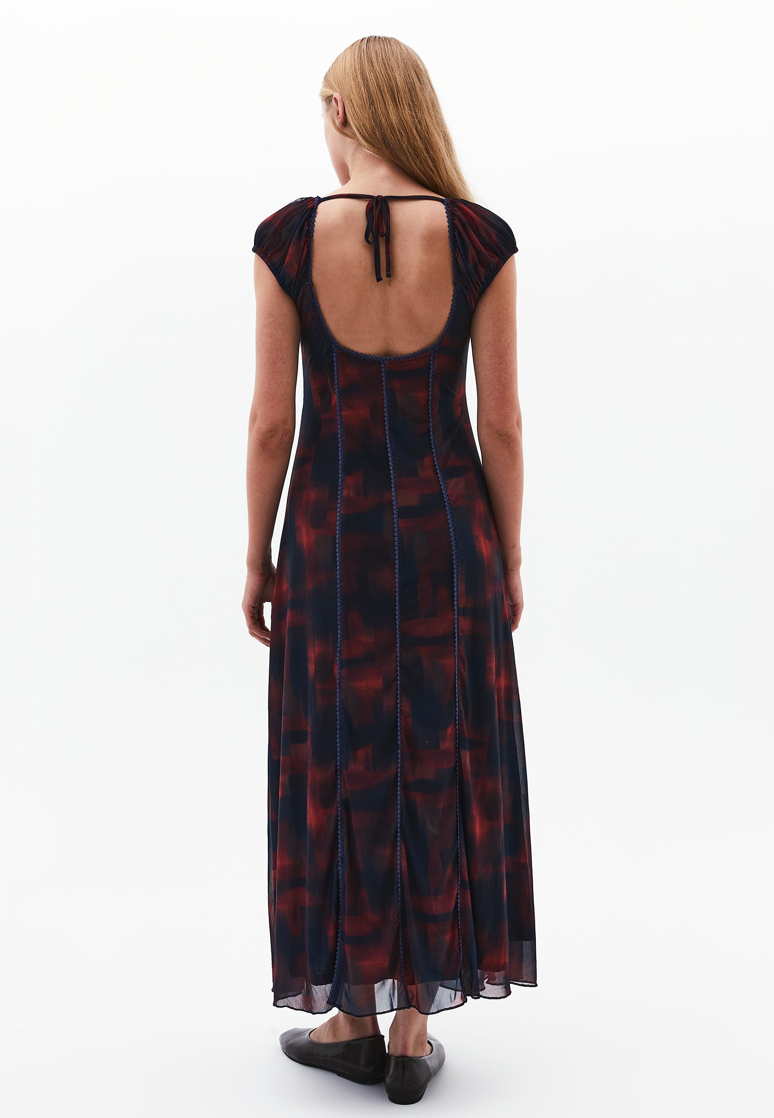 Flared Square Neck Long Dress - PLAID COMB